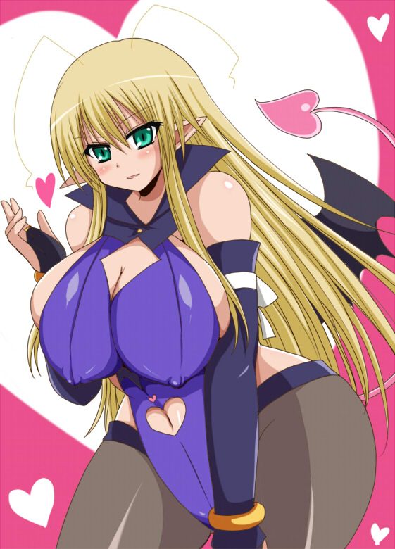 afuro big_breasts blonde_hair blush breasts cleavage erect_nipples heart_tail huge_breasts large_breasts lotte_no_omocha! mercelida_ygvar milf mother navel navel_cutout pantyhose pointy_ears smile succubus succubus_costume succubus_tail succubus_wings tail wings