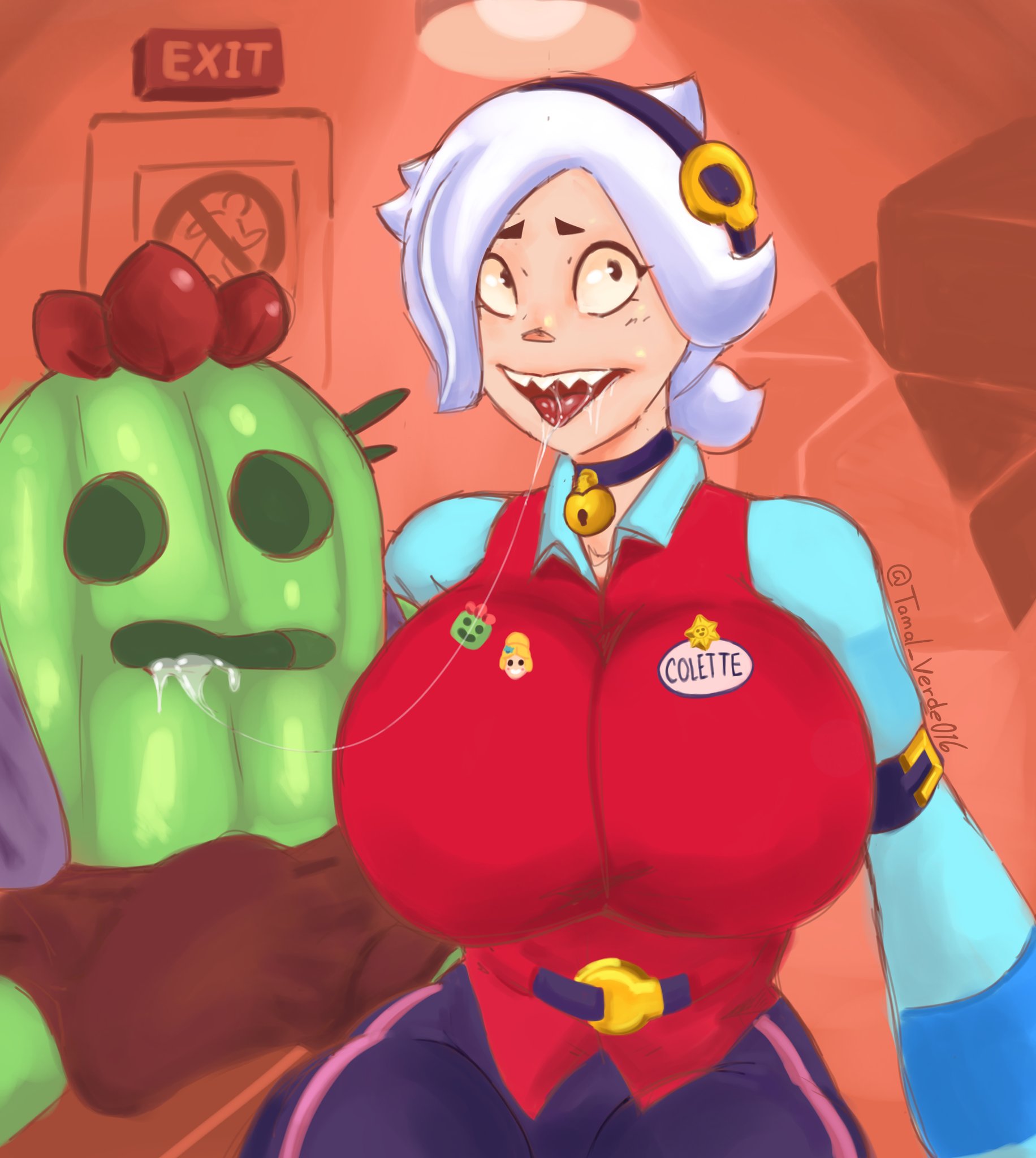 1boy, 1girls, after kiss, before sex, big breasts, big penis, bigger female, blue sleeves, boner, boner in pants, brawl stars, breasts, brown pants, cactus, choker, clothed, clothed female, clothed male, clothing, colette (brawl stars), curvy, curvy body, curvy female, curvy figure, curvy hips, curvy thighs, duo, erect penis, erection, female, fully clothed, fully clothed female, fully clothed male, gigantic breasts, huge breasts, huge cock, large breasts, large penis, light skin, light-skinned female, long sleeves, looking up, male, male/female, open mouth, penis, purple pants, red clothing, sharp teeth, sitting, size difference, slim waist, sloppy, sloppy kiss, smaller male, spike (brawl stars), supercell, tamalito, teeth, thick thighs, tight clothing, tongue, tongue out, voluptuous, voluptuous female, warehouse, white hair, wide hips