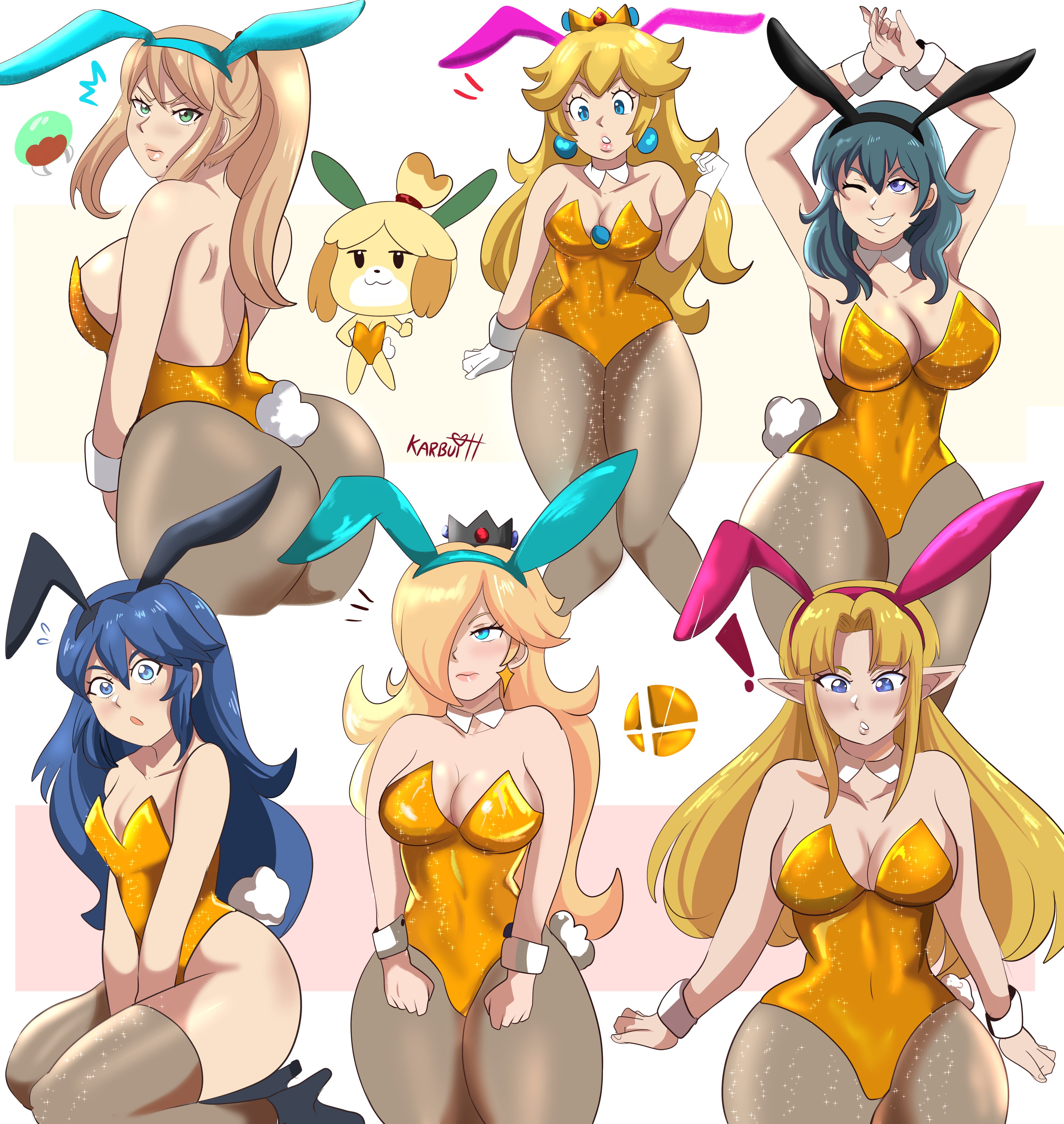 6+girls, 7girls, alternate costume, animal crossing, ass, breasts, bunny ears, bunny girl, bunnysuit, byleth (fire emblem) (female), cleavage, crossover, female, female only, fire emblem, fire emblem awakening, fire emblem: three houses, huge breasts, karbuitt, large ass, large breasts, lucina (fire emblem), mario (series), medium breasts, metroid, multiple females, multiple girls, nintendo, princess peach, princess rosalina, princess zelda, samus aran, small breasts, super mario galaxy, super smash bros., the legend of zelda, zelda (a link between worlds)