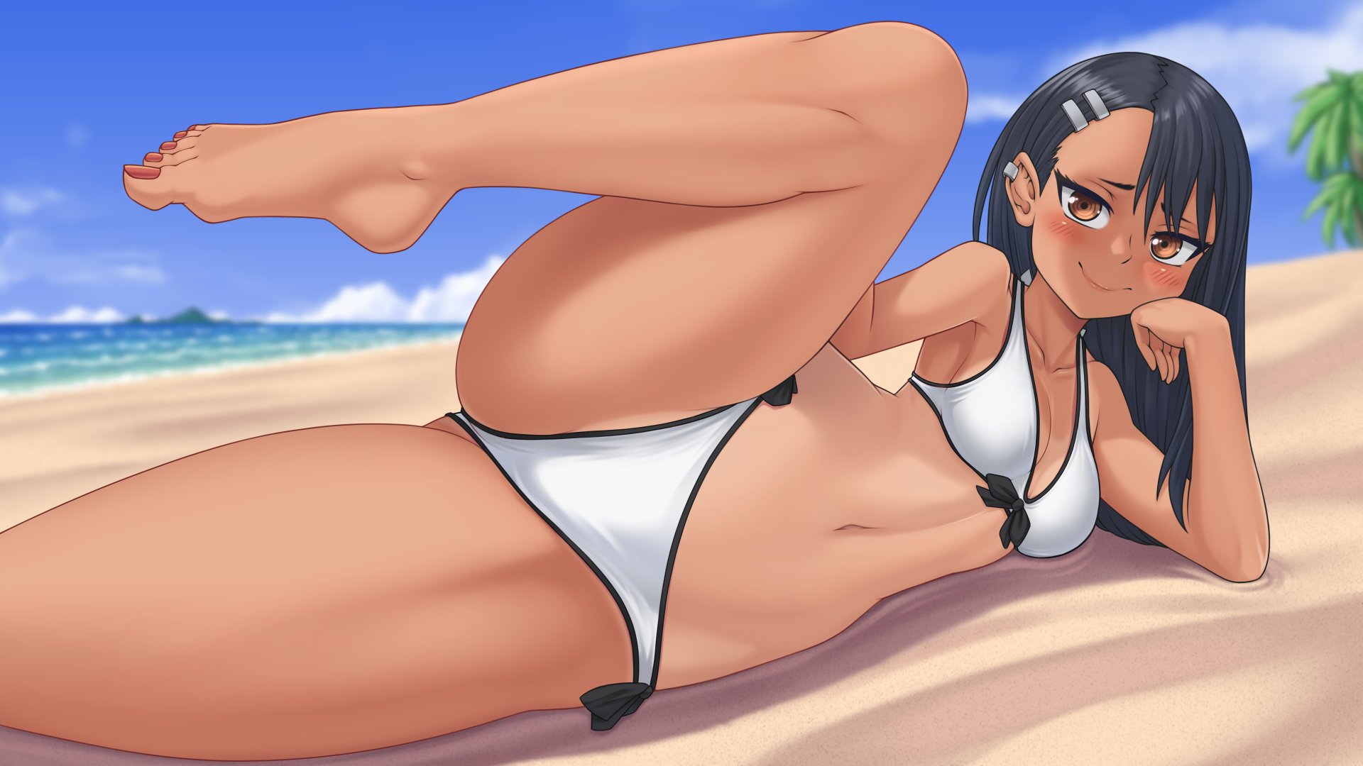 1girls, beach, bikini, black hair, blush, brown eyes, cleavage, color, earrings, female, female only, hayase nagatoro, laying on side, leaning on elbow, leg up, legs, legs apart, legs held open, legs spread, long hair, looking at viewer, navel, ocean, painted toenails, please don't bully me, nagatoro, rocky-ace, smile, smug, spread legs, tan, tan lines, tan skin, tan-skinned female, tanline, tanned, thick thighs, toned, toned female