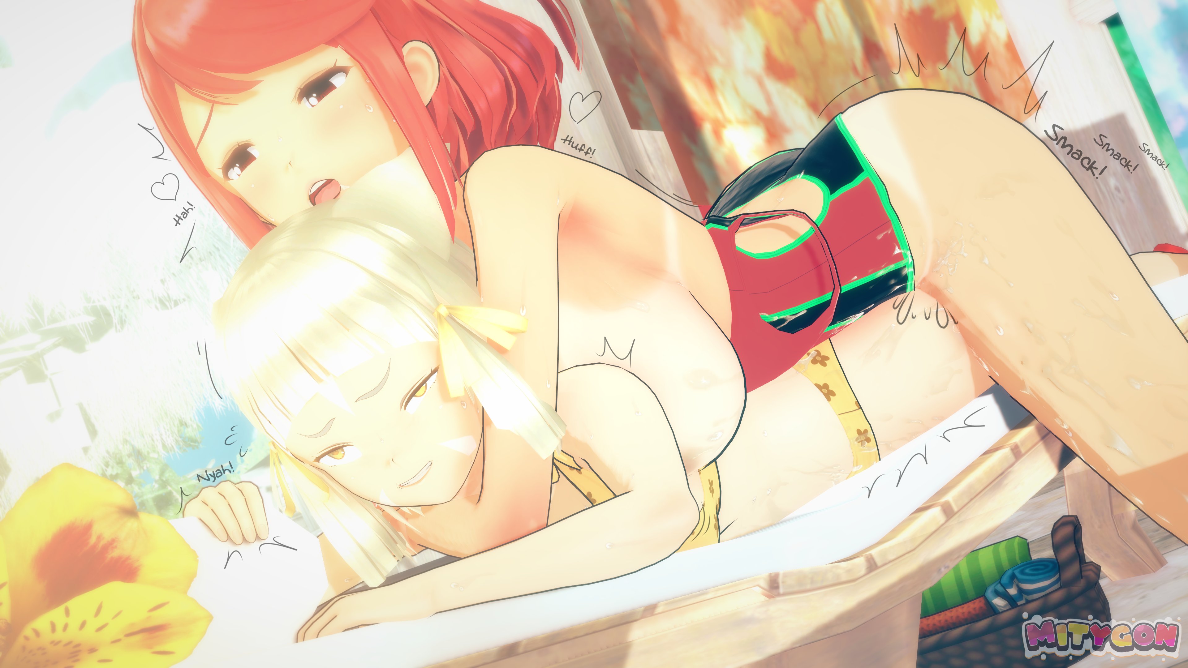 3d, breasts, female, futa on female, futanari, huge breasts, intersex, mitygon, nia, nia (xenoblade), pyra, swimsuit, tagme, tanline, xenoblade (series), xenoblade chronicles 2