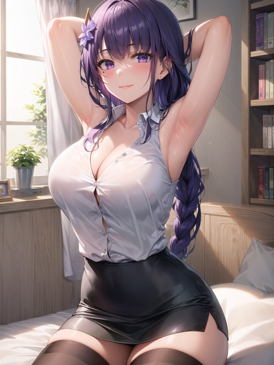 1girls, ai generated, blush, breasts, clothed, clothed female, female, genshin impact, jordan53, large breasts, long hair, office lady, purple eyes, purple hair, raiden shogun, short skirt, skirt, smile, stable diffusion, thick thighs, wide hips