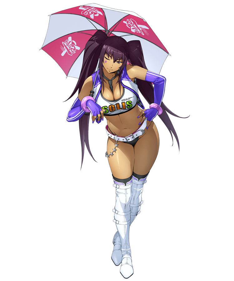 1girls amanomiya_ayame belt black_panties boots bra bracelet breasts brown_eyes cropped_jacket elbow_gloves facial_tattoo fingerless_gloves gloves hand_on_hip holding_umbrella large_breasts looking_at_viewer midriff navel necktie necktie_between_breasts painted_fingernails panties purple_hair race_queen sports_bra super_robot_wars super_robot_wars_x-omega tattoo thighhighs thighhighs_under_boots twintails umbrella watanabe_wataru_(character_designer) white_sports_bra winking winking_at_viewer