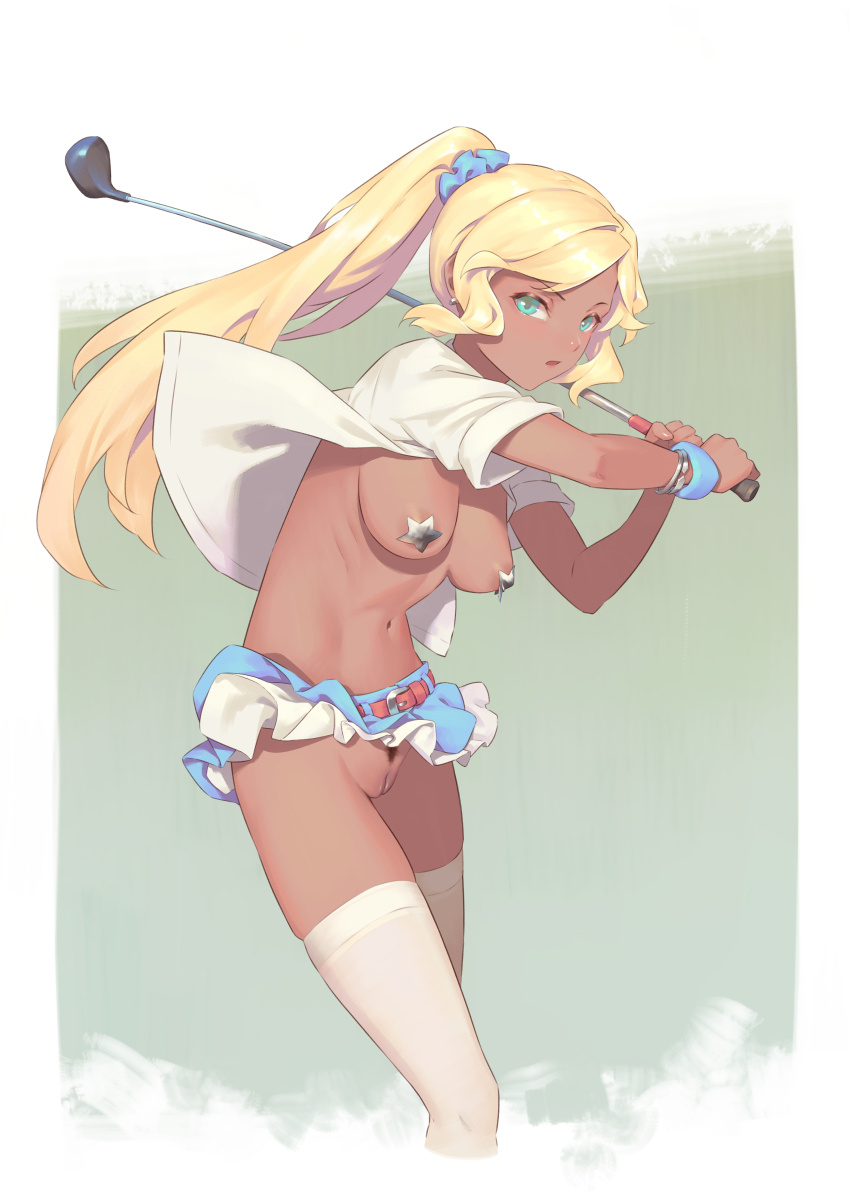 1girls aqua_eyes belt bigrbear blonde_hair blue_scrunchie blue_skirt breasts cleft_of_venus commentary_request dark-skinned_female dark_skin female female_only female_pubic_hair golf_club green_background gyaru hair_ornament hair_scrunchie highres holding holding_golf_club long_hair looking_at_viewer medium_breasts miniskirt navel no_panties original pasties ponytail pubic_hair pussy red_belt scrunchie shirt short_sleeves skirt solo standing star_pasties thighhighs two-tone_background white_background white_shirt white_thighhighs