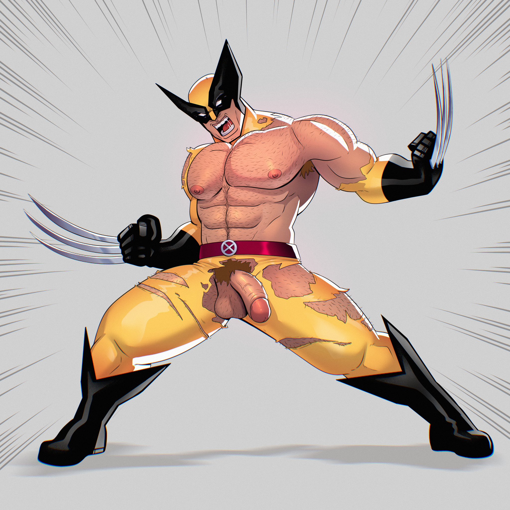 1boy, balls, bara, black hair, claws, flaccid, male, male only, marvel, marvel comics, mask, mavekkart, muscles, muscular, mutton chops, penis, penis out, ripped clothing, solo, solo male, superhero costume, wolverine (x-men), x-men, yaoi