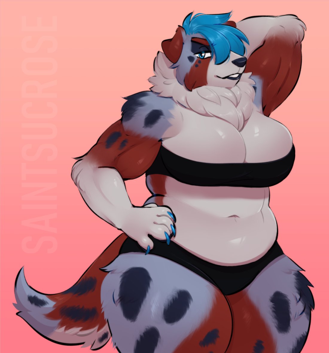 anthro big_breasts breasts canid canine canis chubby chubby_female cleavage female fur furry furry_only saintsucrose solo tail thick_thighs wide_hips