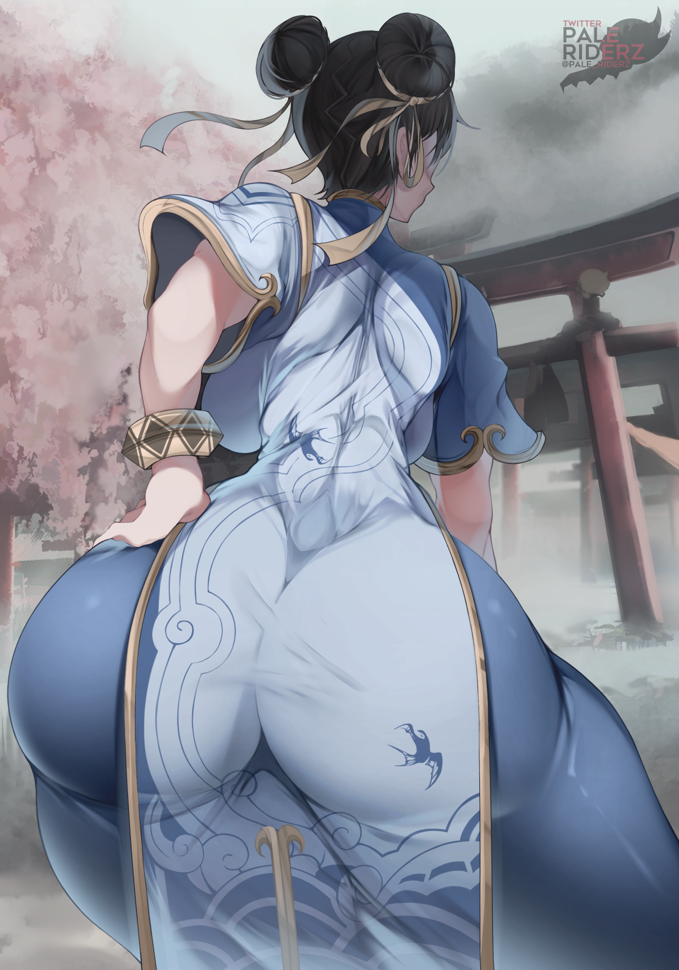 1girls, armwear, ass, ass focus, backboob, big ass, bottomwear, bracelet, breasts, brown hair, bubble ass, bubble butt, capcom, chun-li, double bun, female, female only, hand on ass, huge ass, large ass, pale riderz, pelvic curtain, solo, solo female, street fighter, street fighter 6, thick thighs, thighs
