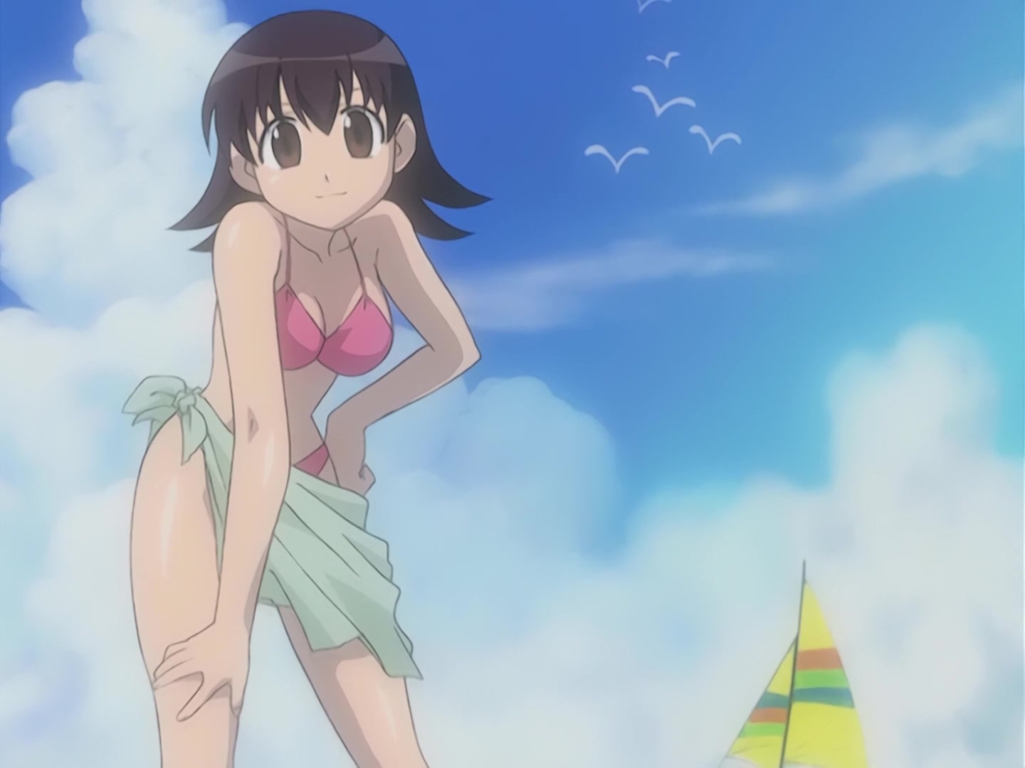 1girls, azumanga daiou, big breasts, bikini, breasts, brown eyes, brown hair, busty, cleavage, confident, female, female only, hand on hip, hand on leg, hand on own leg, hand on own thigh, hand on thigh, highres, large breasts, leaning forward, looking at viewer, medium hair, navel, pink bikini, pose, posing, sarong, sensual, smile, solo, swimsuit, tomo takino