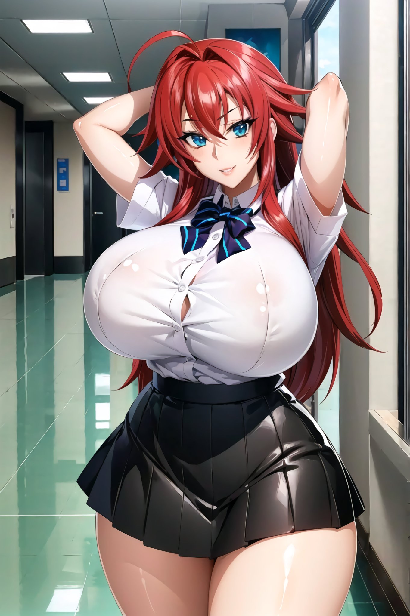 1girls, ai generated, blue eyes, curvaceous, curvy body, curvy female, curvy figure, female, female focus, female only, high school dxd, long hair, red hair, rias gremory, school uniform, schoolgirl, skirt, solo female, solo focus, stable diffusion