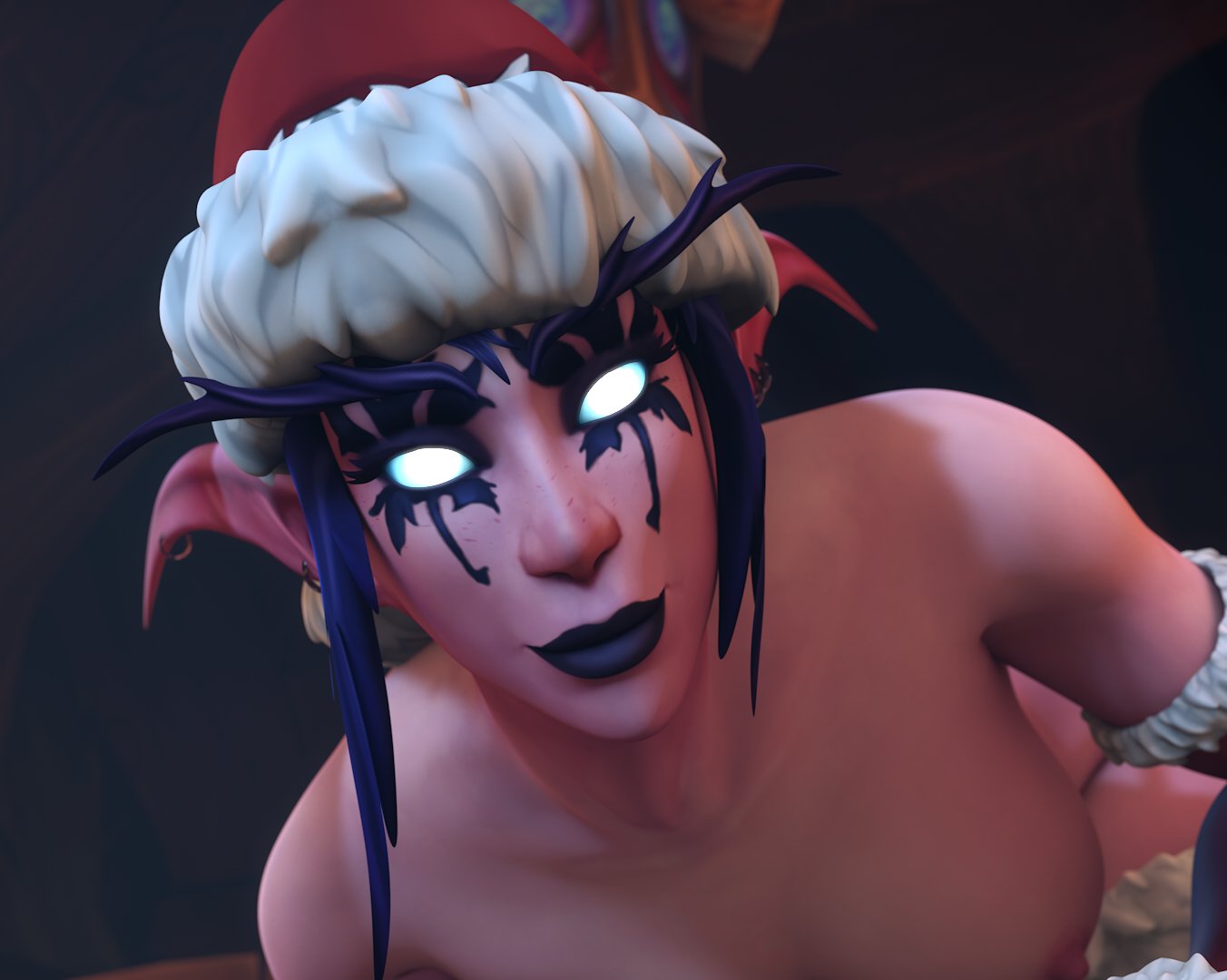 1girls 3d blizzard_entertainment blue_hair christmas khalysz khalysz_(warcraft) night_elf original_character pink_skin santa_hat solo warcraft winter_veil world_of_warcraft