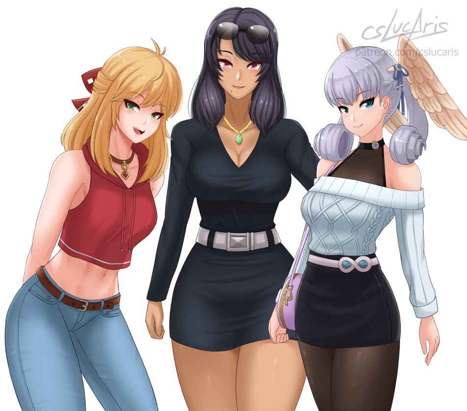 3girls belt belt_buckle black_dress black_hair black_skirt blonde_hair blue_eyes blue_sweater breasts choker crop_top cslucaris drawstring dress female female_only fiora_(xenoblade) green_eyes grey_hair hair_curl hairbow head_wings high_entia high_waisted_skirt jeans large_breasts long_hair looking_at_viewer melia_antiqua midriff mole mole_under_mouth navel necklace nintendo nude nude_female pantyhose pink_eyes red_crop_top sharla_(xenoblade) shoulder_bag silver_hair skirt sunglasses sunglasses_on_head sweater wings wings_on_head xenoblade_(series) xenoblade_chronicles