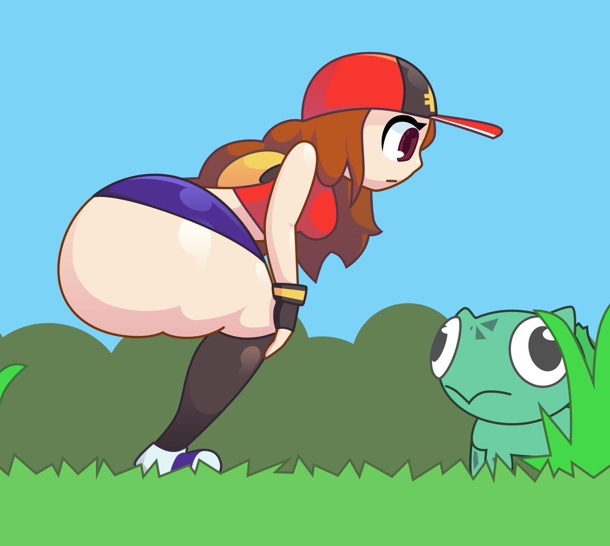 1girls big_ass black_legwear blue_skirt brown_eyes brown_hair bulbasaur crop_top fingerless_gloves green_body human leaning marcy_(miso_souperstar) miniskirt pokémon_(species) pokemon pokemon_rgby red_shirt smooth_skin teenager thick_thighs young