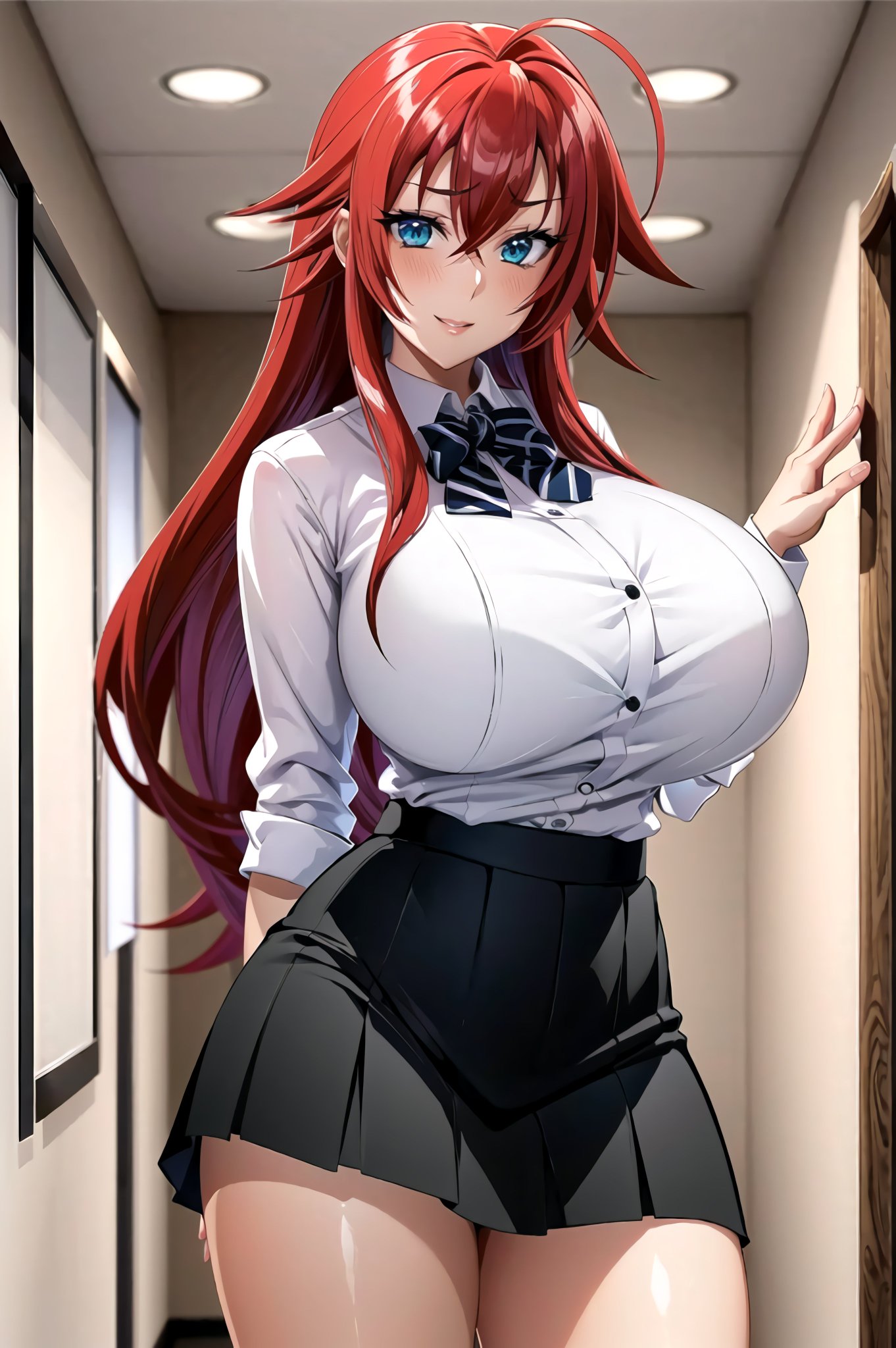 1girls, ai generated, blue eyes, breasts, curvy, curvy body, curvy female, curvy figure, female, female focus, female only, high school dxd, highres, huge breasts, long hair, red hair, rias gremory, school uniform, schoolgirl, seductive look, skirt, solo female, solo focus, stable diffusion