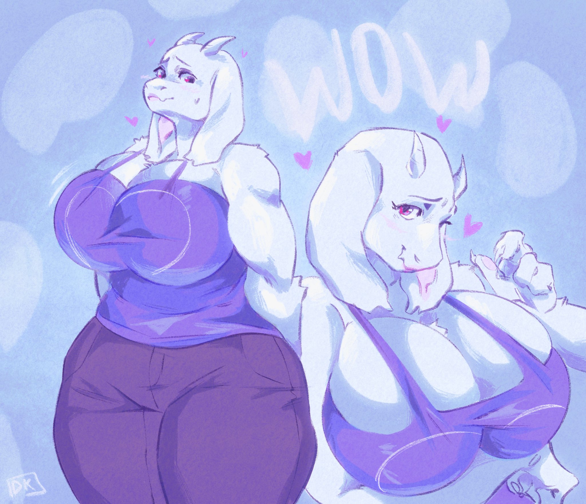 anthro, big breasts, boss monster, bottomwear, bovid, breasts, caprine, cleavage, clothed, clothing, curvy figure, darkriallet, denim, denim clothing, eyebrows, female, fingers, floppy ears, fur, heart, hi res, horn, huge breasts, jeans, long ears, looking at viewer, mammal, mature anthro, mature female, pants, pawpads, shirt, solo, standing, tank top, text, thick thighs, topwear, toriel, undertale, undertale (series), voluptuous, white body, white fur, wide hips