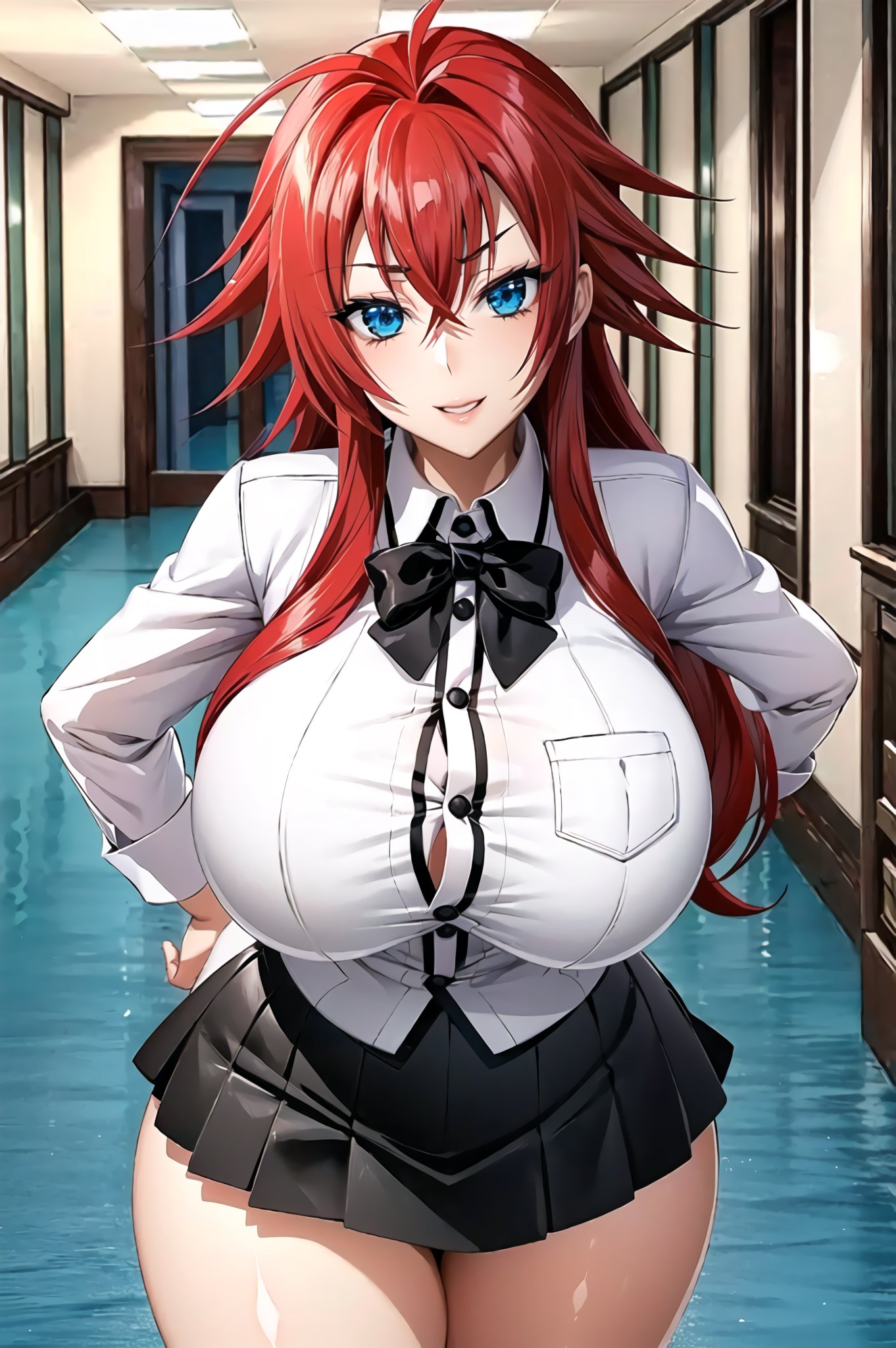 1girls, ai generated, blue eyes, breasts, curvaceous, curvy body, curvy female, curvy figure, female, female focus, female only, high school dxd, highres, huge breasts, long hair, looking at viewer, rias gremory, school uniform, schoolgirl, seductive eyes, skirt, solo female, solo focus, stable diffusion