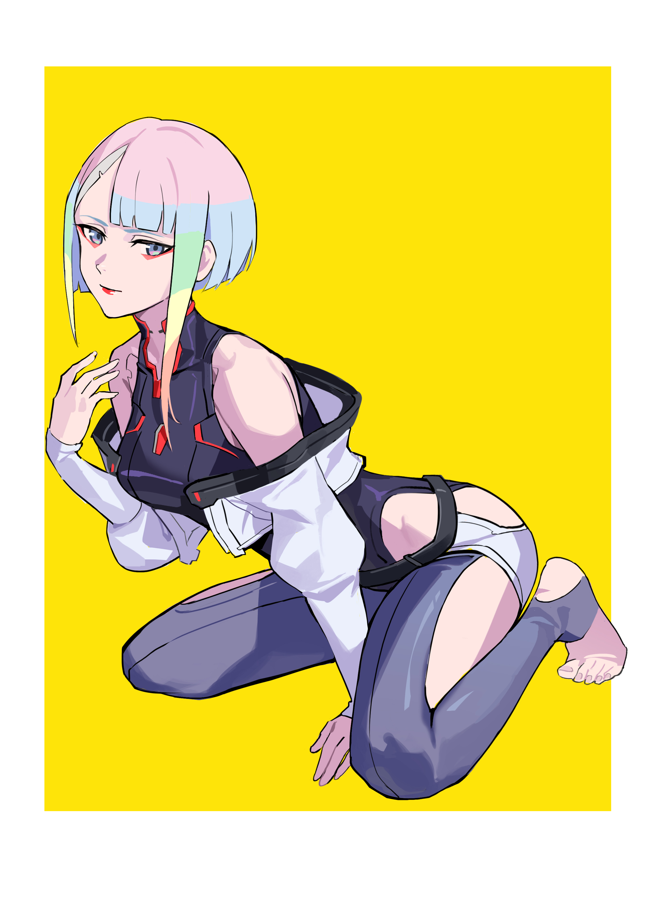 1girls, barefoot, cd projekt red, cyberpunk 2077, cyberpunk: edgerunners, feet, female, female only, kneeling, latex, light skin, light-skinned female, looking at viewer, lucyna kushinada, mumei (artist), no artist signature, not porn, studio trigger, tight clothing