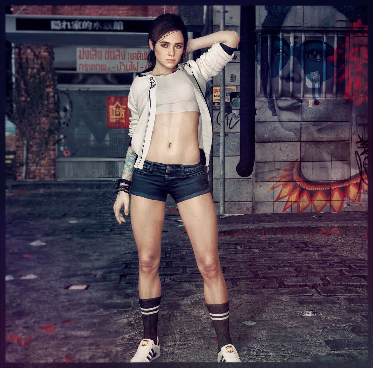 3d, athletic, athletic female, bare midriff, blue eyes, bracelet, breasts, brown hair, crop top, denim shorts, ellie (the last of us), ellie williams, female, female focus, female only, hoodie, hourglass figure, jean shorts, loststarsstudios, naughty dog, navel, pinup, pinup pose, short shorts, sleeves rolled up, small breasts, sneakers, socks, tagme, tattoo, the last of us, the last of us 2, wide hips