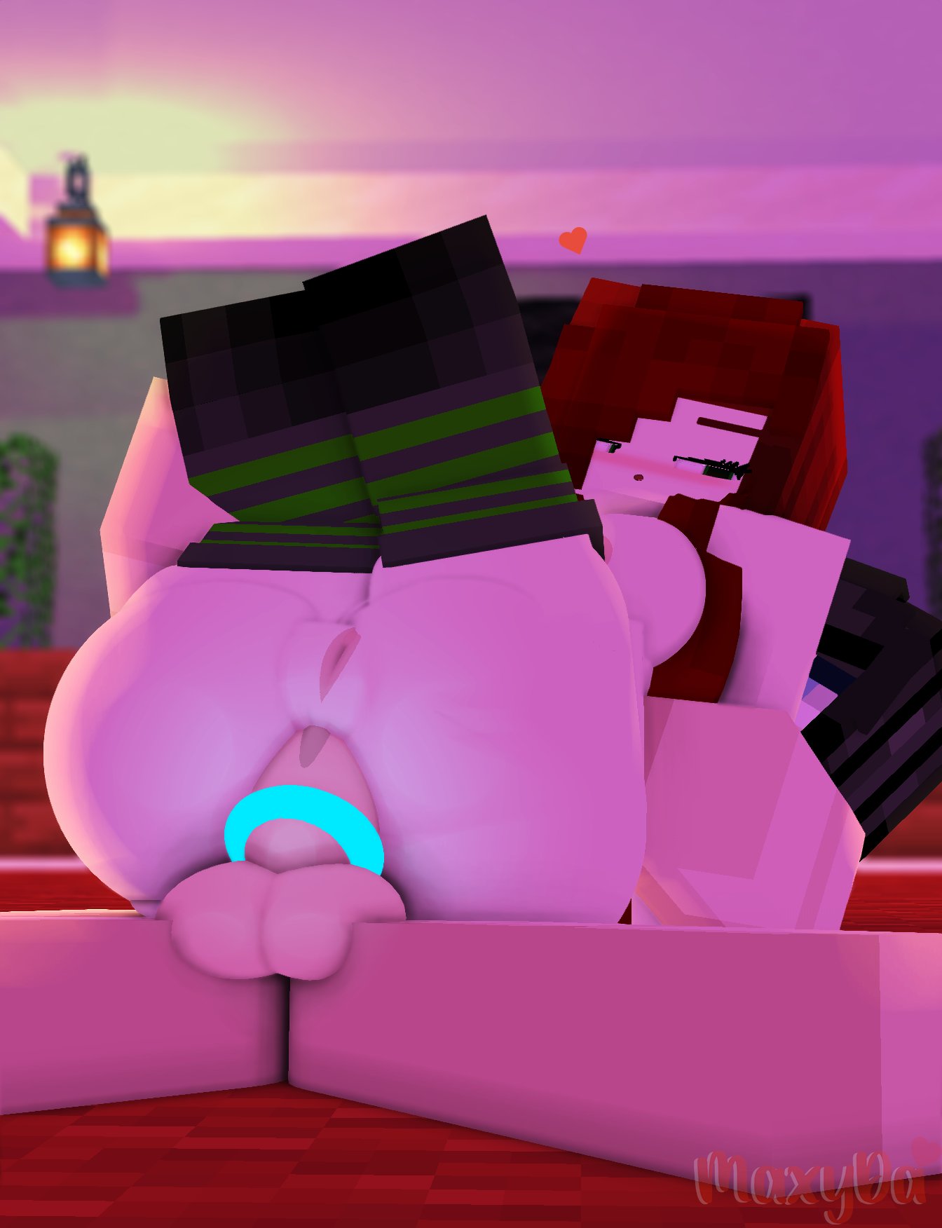 1boy 1girls 3d anal anal_sex bed bedroom big_ass breasts erect_nipples erect_penis female green_eyes human humanoid looking_at_partner looking_back male max_welsh_(maxyda) maxyda mine-imator minecraft on_bed outside random_guy red_hair stockings tagme wet_pussy