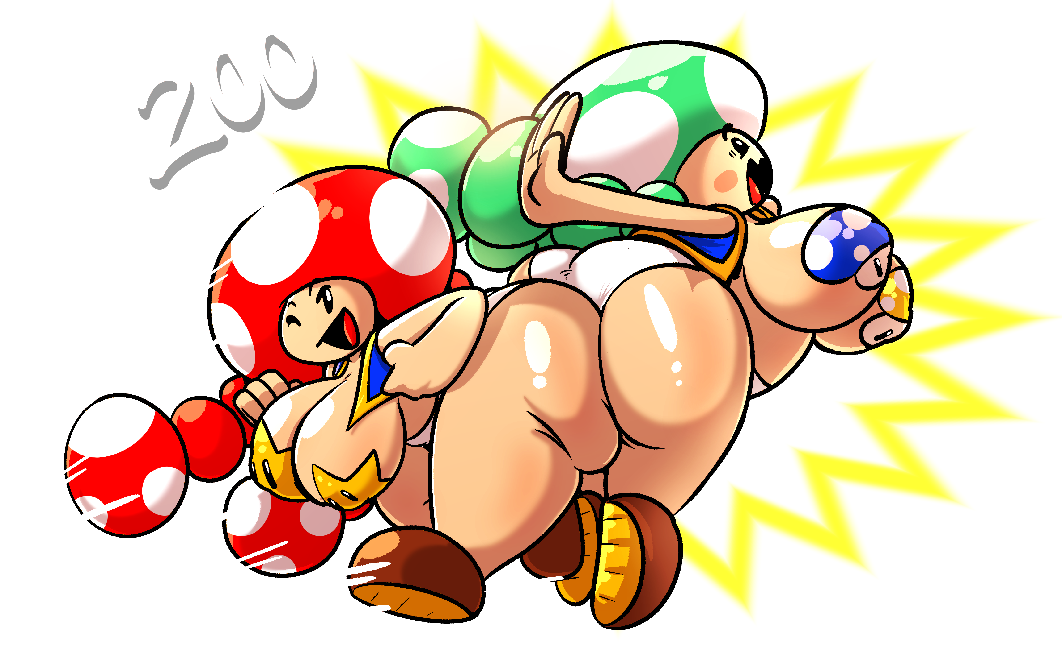 2girls, ass, ass to ass, ass-to-ass, breasts, butt bump, female, female focus, female only, full body, gameplay mechanics, hips, large ass, large breasts, mario (series), mostly nude, multiple females, multiple girls, mushroom, mushroom humanoid, nintendo, open mouth, panties, pasties, sachasketchy, shocked, shocked expression, simple background, super mario bros., thick thighs, thighs, toad (mario), toadette, transparent background, underwear, vest, wide hips, wink, winking
