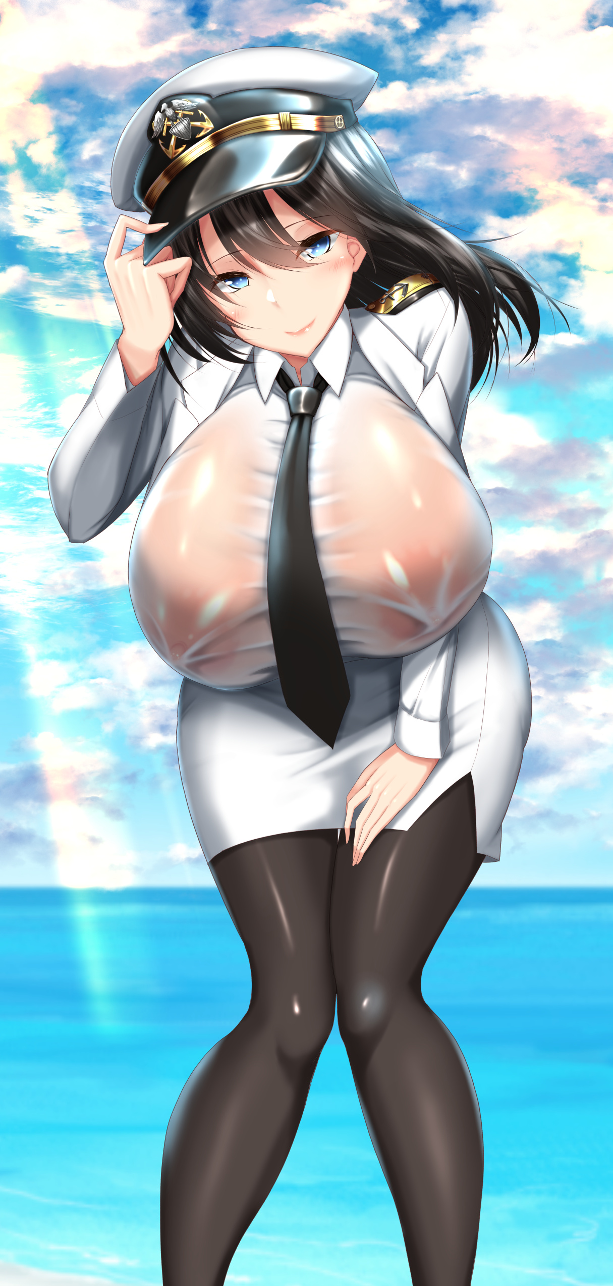 1girls, bangs, black hair, blue eyes, breasts, covered nipples, eyebrows visible through hair, female, huge breasts, kawahagitei, long hair, looking at viewer, military, military uniform, necktie, nipple bulge, no bra, original, pantyhose, parted lips, peaked cap, pencil skirt, sea, see-through, skirt, sky, smile, sunlight, thighhighs, water, white jacket, white shirt, white skirt