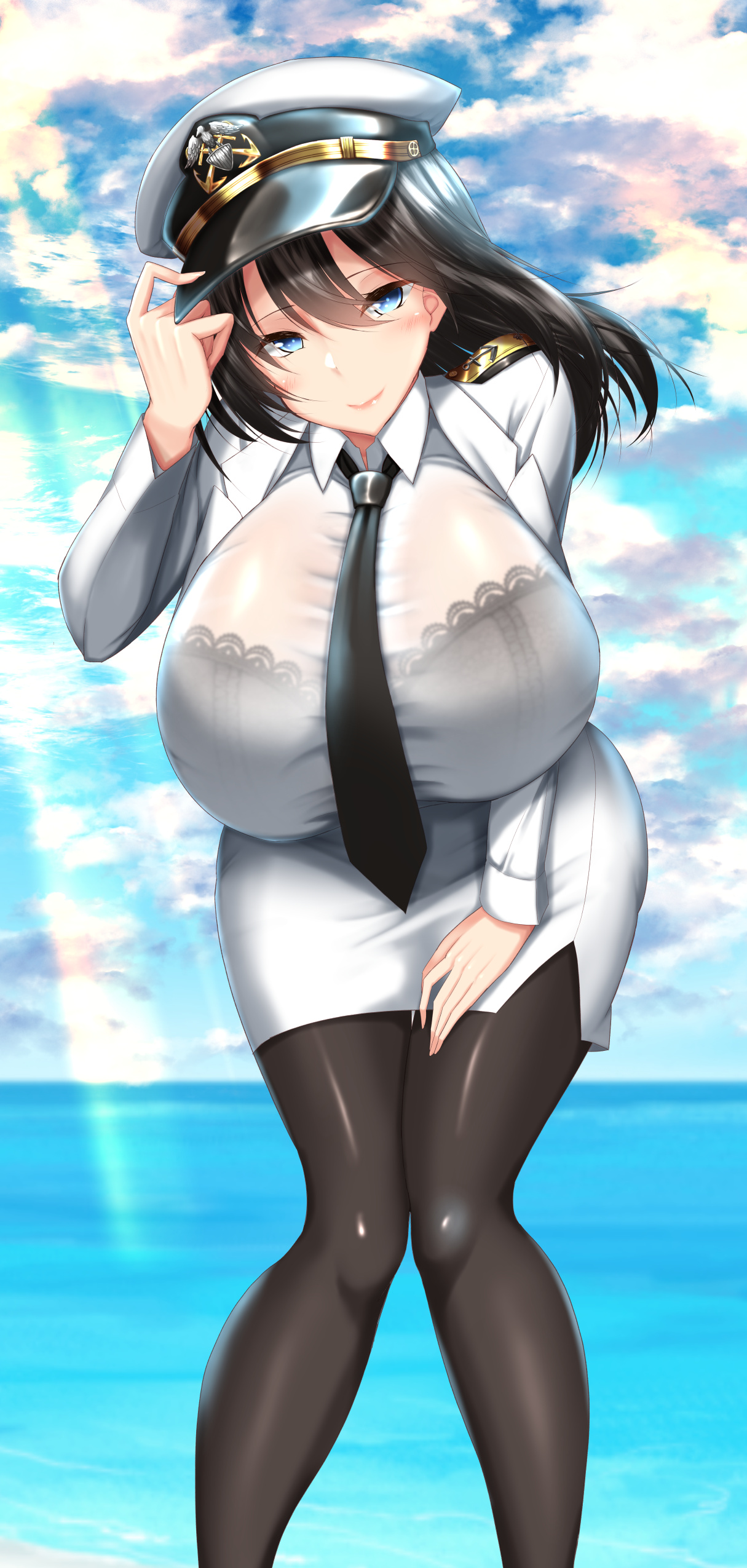 1girls, bangs, black bra, black hair, blue eyes, bra, bra visible through clothes, breasts, eyebrows visible through hair, female, huge breasts, kawahagitei, lace-trimmed bra, long hair, looking at viewer, military, military uniform, necktie, original, pantyhose, parted lips, peaked cap, pencil skirt, sea, see-through, skirt, sky, smile, sunlight, thighhighs, water, white jacket, white shirt, white skirt
