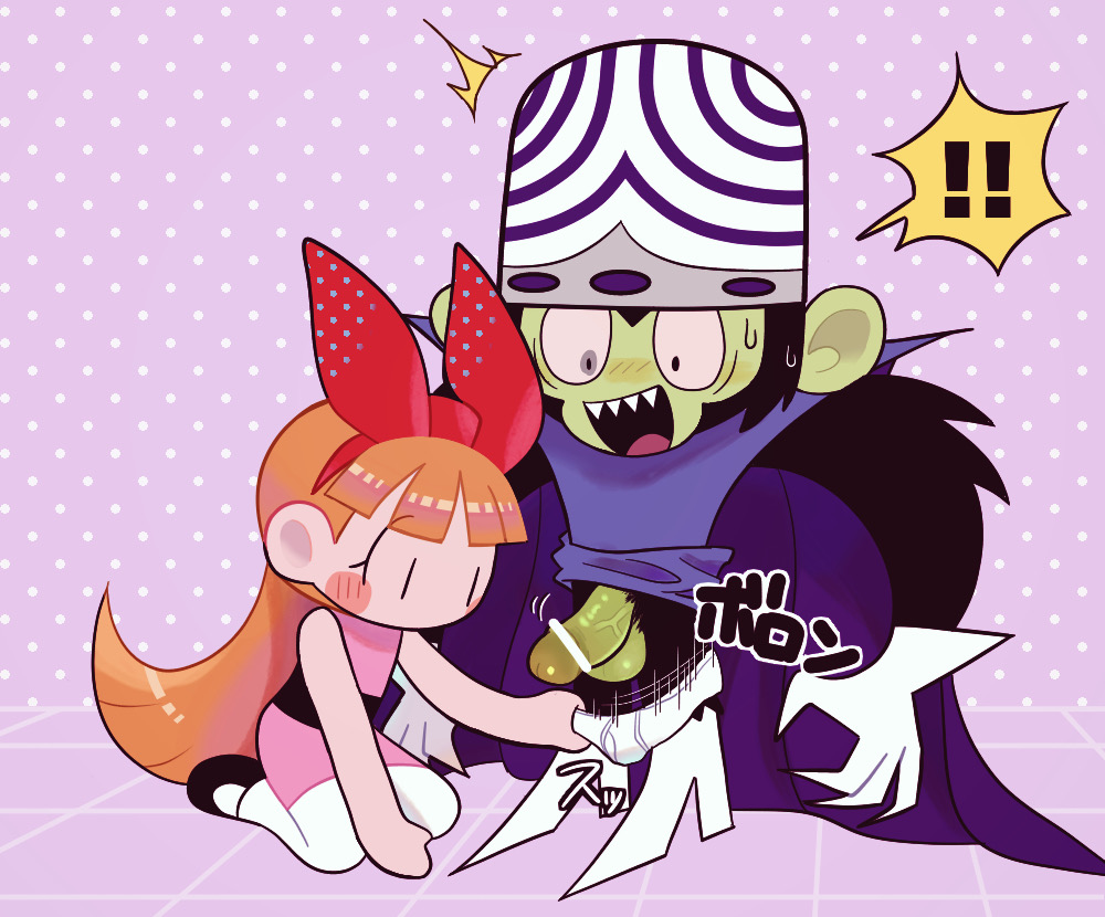 blossom_(powerpuff_girls) blush blush_stickers cartoon_network duo erection fangs female genitals hair haplorhine humanoid jvhamkuro looking_at_genitalia looking_at_penis male male/female mammal mojo_jojo monkey orange_hair penis powerpuff_girls primate teeth