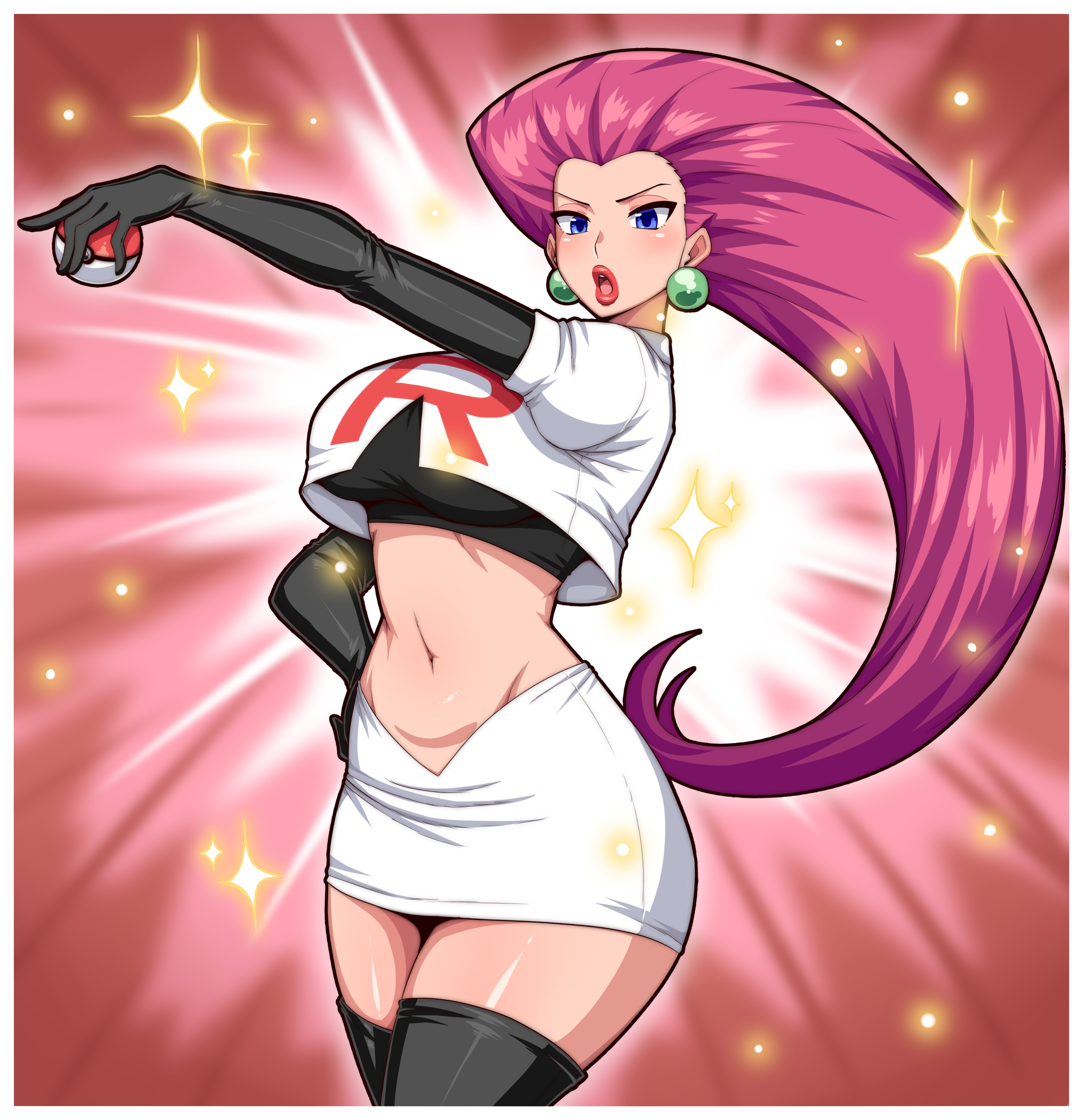 1girls, bare midriff, big breasts, black gloves, blue eyes, breasts, clothing, crop top, earrings, elbow gloves, female, female only, fully clothed, gloves, human, human only, jessie (pokemon), large breasts, long hair, microskirt, midriff baring shirt, miniskirt, navel, open mouth, pokemon, pokemon rgby, revealing clothes, simmsy, skirt, solo, team rocket, thick thighs, thighhighs, wide hips
