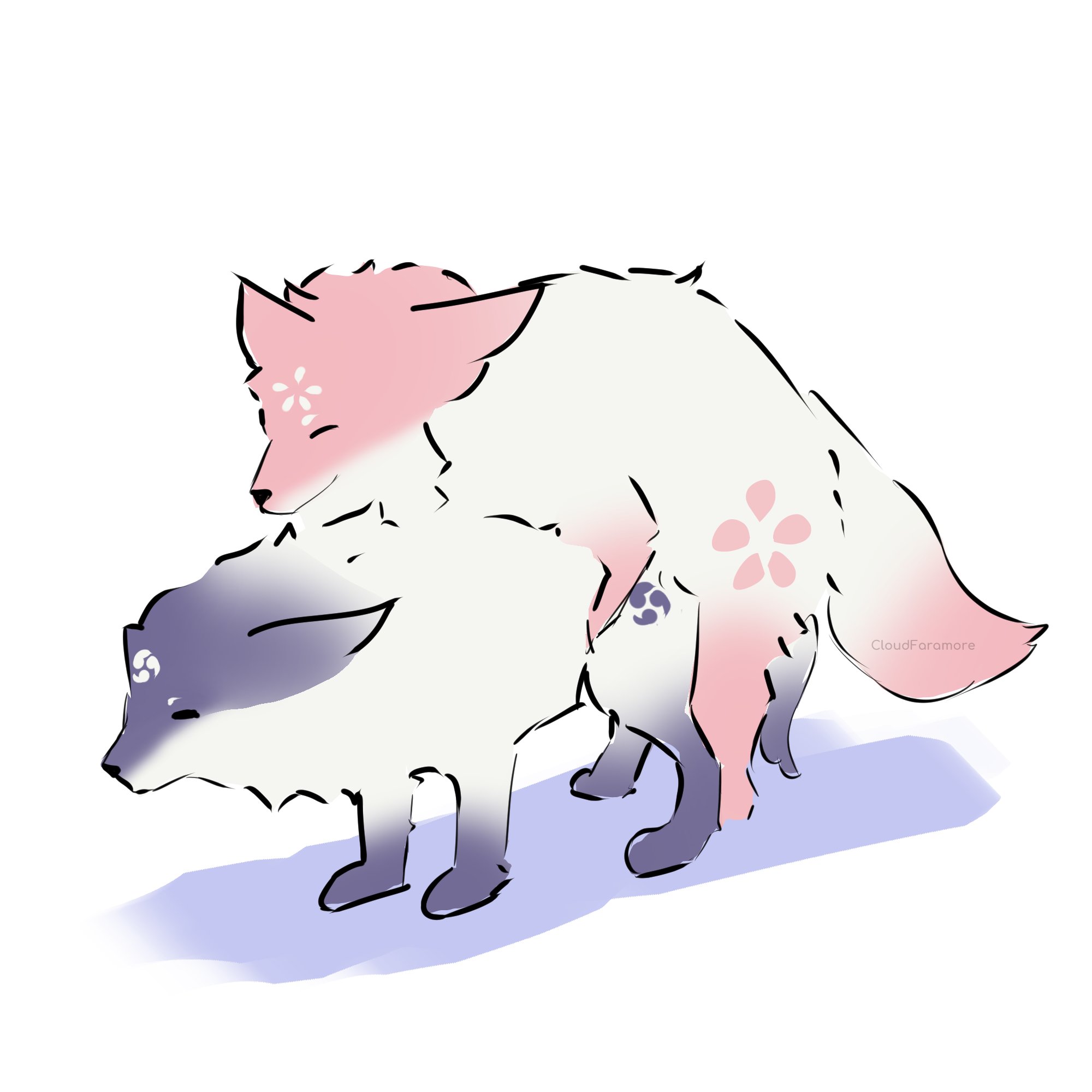 animal, cloud faramore, female, female only, fox, fox ears, fox tail, fur, furry, furry only, genshin impact, implied sex, raiden shogun, white background, yae miko, yuri
