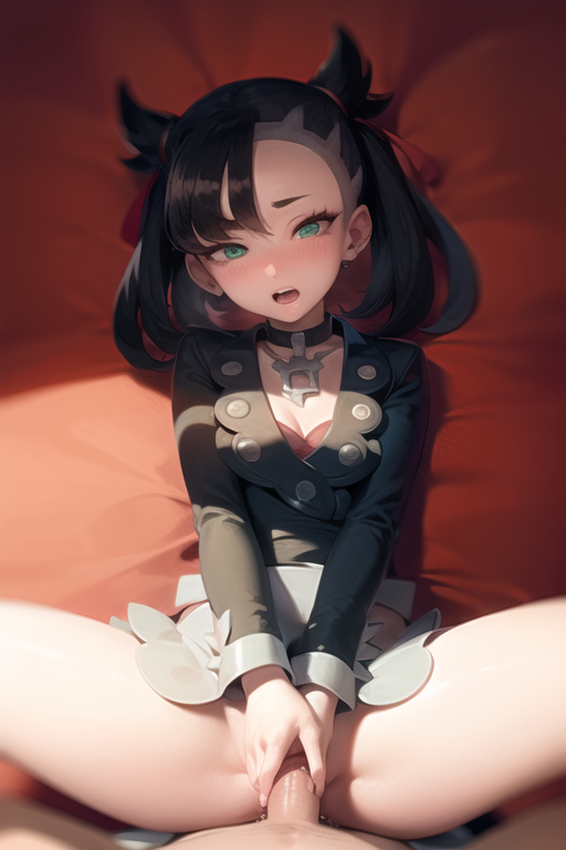 ai_generated bedroom black_hair black_leather_jacket blush clothed_sex eye_contact eye_contact_pov game_freak hi_res holding_penis laying_on_back laying_on_bed legs_apart legs_spread looking_at_viewer male_penetrating_female marnie_(pokemon) missionary_position nintendo open_mouth pixai pokemon pokemon_ss pov red_sheets stable_diffusion uncensored vaginal_penetration vaginal_sex wekilled_god