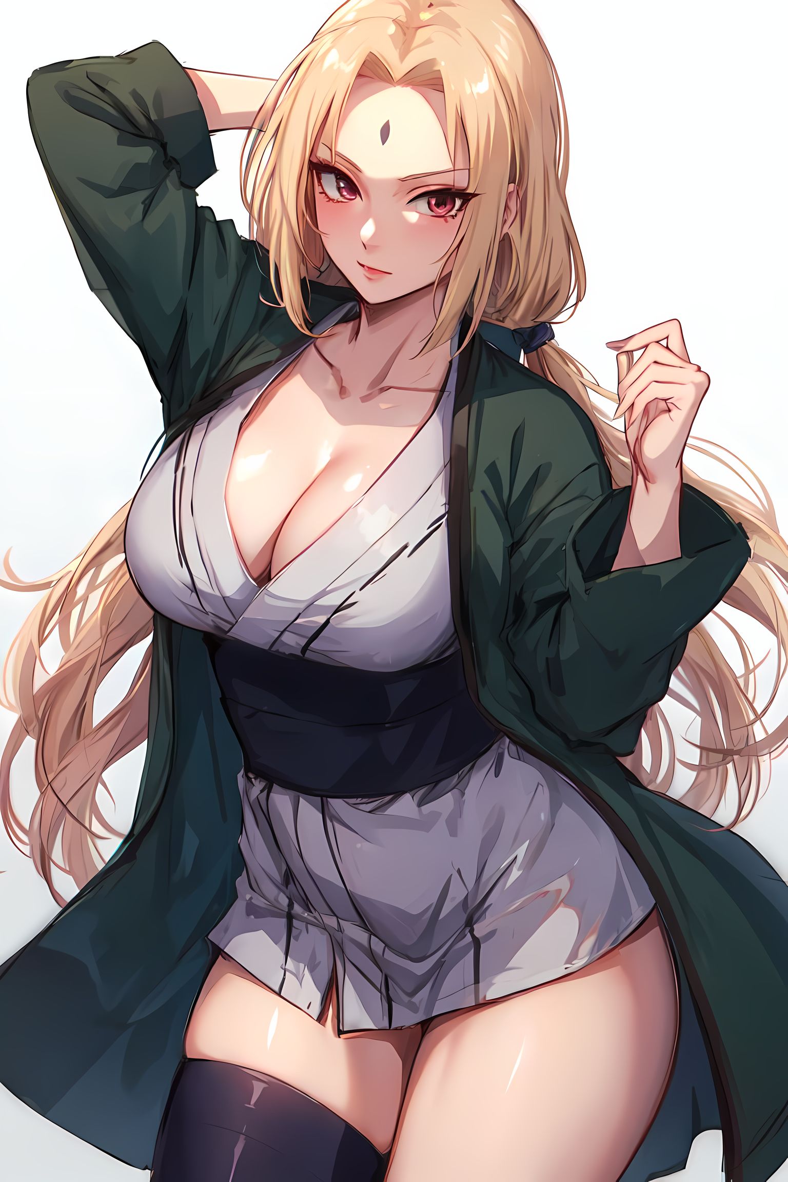 1girls, ai generated, ambiguous background, arm behind head, arm up, armpits, bare chest, bare legs, bare thighs, big breasts, blonde hair, blush, bottomless, breasts, brown eyes, busty, cleavage, closed mouth, clothed female nude male, clothing, collarbone, eyelashes, facial mark, feet out of frame, female, female pubic hair, forehead mark, gilf, haori, highres, japanese clothes, kimono, large breasts, legs together, light skin, light-skinned female, looking at viewer, low twintails, makeup, male, mami ai, mature, mature female, milf, mommy, nai diffusion, naruto, naruto (classic), naruto (series), naruto shippuden, no underwear, oppai, partially clothed, partially visible vulva, pinup, plain background, pubic hair, pussy, pussy peek, shiny, shiny hair, shiny skin, short kimono, shounen jump, simple background, single thighhigh, smile, solo, solo focus, stable diffusion, thick thighs, thighhighs, tied hair, tsunade, twintails, very long hair, voluptuous, voluptuous female, wafuku, waistcoat, white background