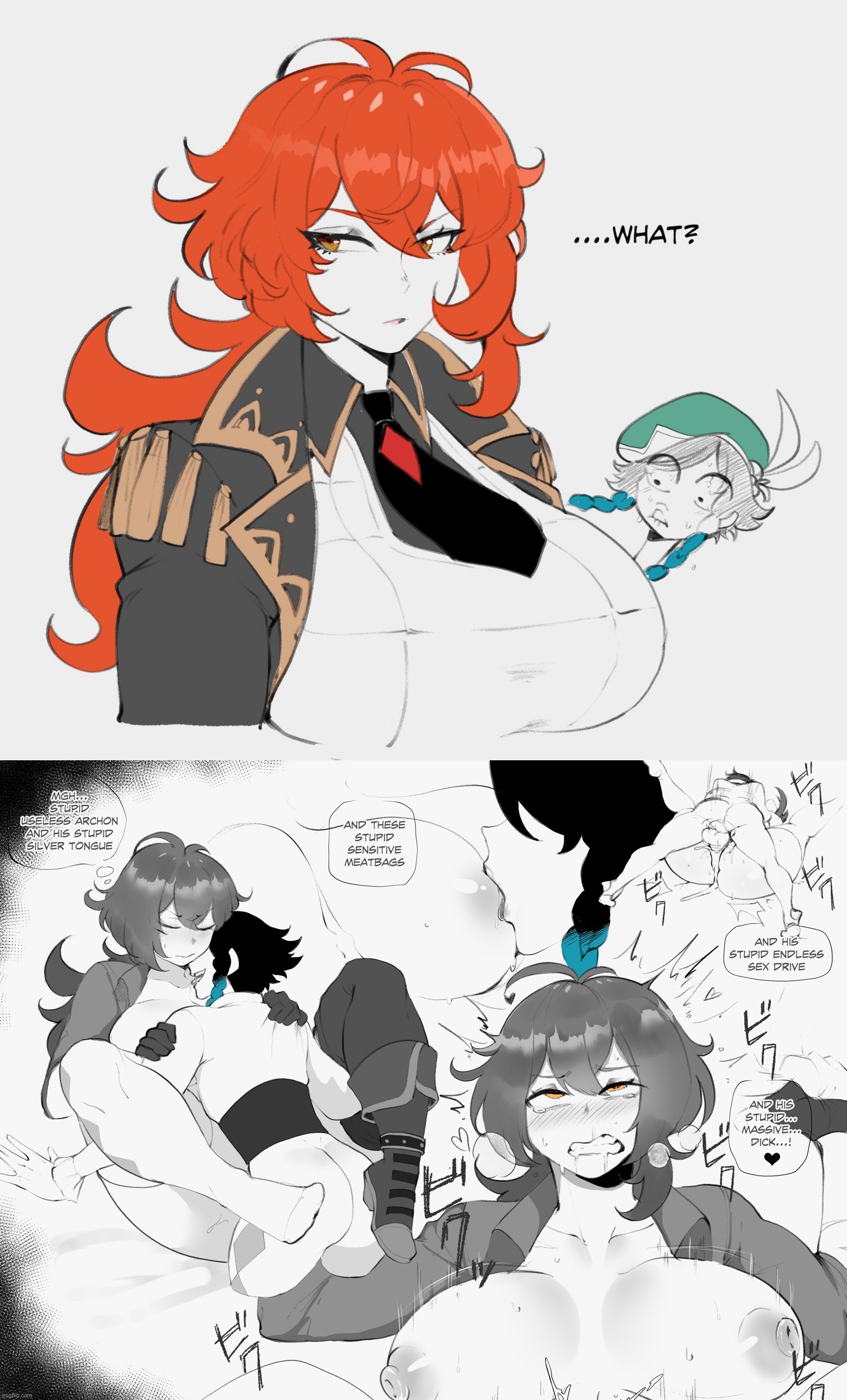 1boy, 1girls, ahe gao, big breasts, bigger female, breast sucking, breasts, cum, cum in pussy, cum inside, diluc (genshin impact), english text, female, female penetrated, femboy, femboy on female, femsub, genderswap, genderswap (mtf), genshin impact, girly, larger female, male, male penetrating, male penetrating female, male/female, mating press, mommy, otoko no ko, pussy, red hair, rule 63, sex, size difference, small dom big sub, smaller male, spot color, straight, sucking nipples, text, thiccwithaq, vaginal penetration, venti (genshin impact)