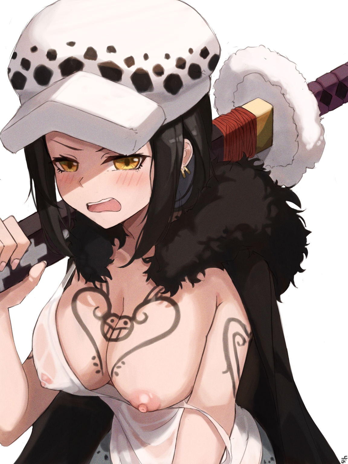 1girls, big breasts, black hair, blush, breasts, canon genderswap, cape, chest tattoo, cleavage, embarrassed, female, female only, fur collar, genderswap, genderswap (mtf), hat, headwear, katana, looking at viewer, nipples visible through clothing, no bra, one breast out, one piece, rule 63, see-through clothing, shiku shiku no mi, short hair, shounen jump, solo, sword, tank top, tattoo, tattoos, trafalgar law, trafalgar law (female), weapon, yellow eyes, yis