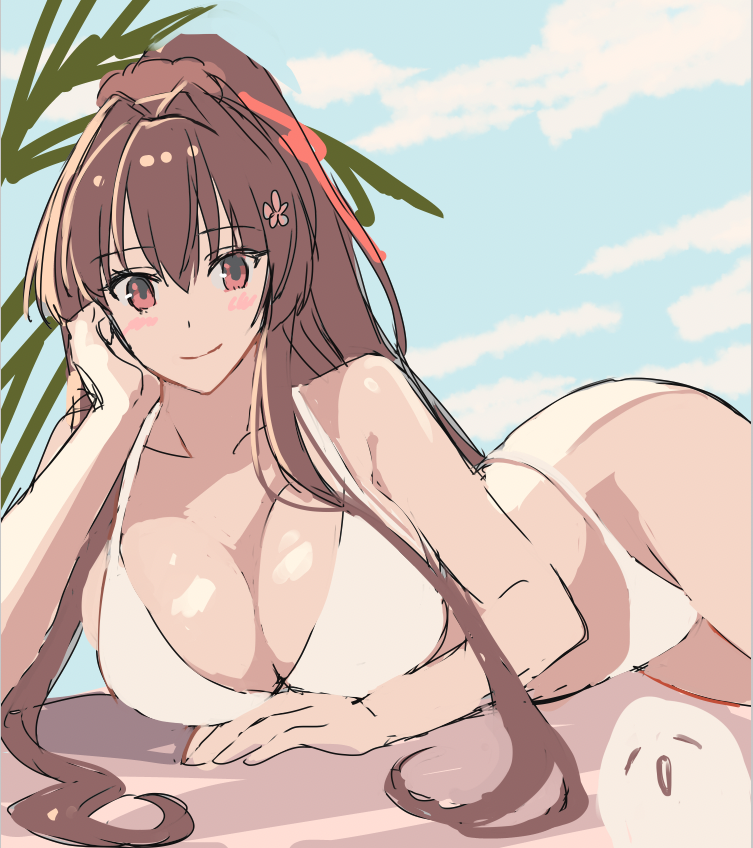 bikini blue_sky brown_eyes brown_hair cherry_blossoms cloud cowboy_shot female flower hair_flower hair_ornament kantai_collection kasumi_(skchkko) long_hair looking_at_viewer lying on_side ponytail sky smile solo swimsuit unfinished white_bikini yamato_(kantai_collection)