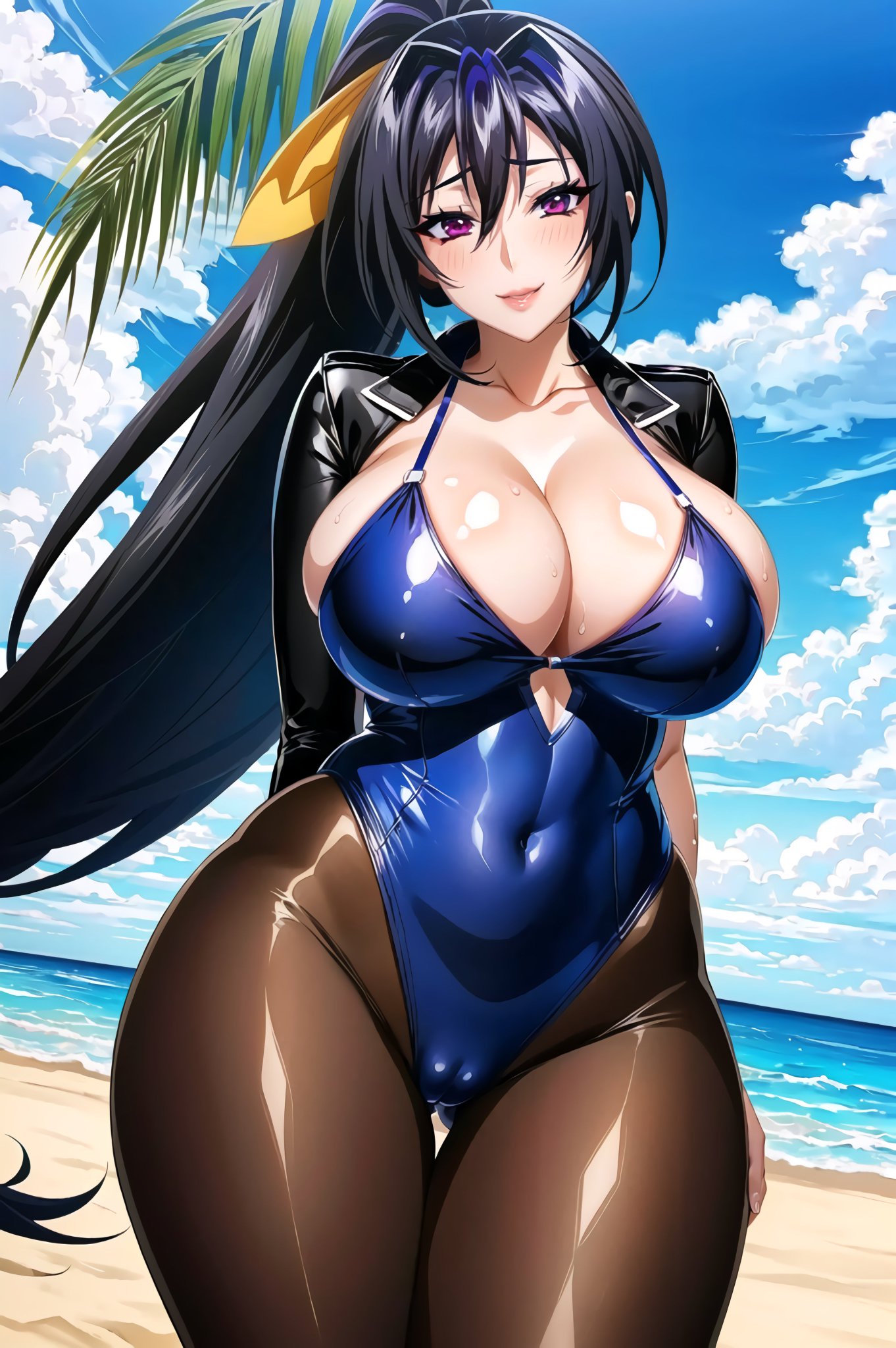 1girls ai_generated akeno_himejima black_hair female_focus female_only high_school_dxd huge_breasts legwear leotard looking_at_viewer mature_female pantyhose pantyhose_under_swimsuit ponytail purple_eyes solo_female solo_focus stable_diffusion swimsuit voluptuous voluptuous_female