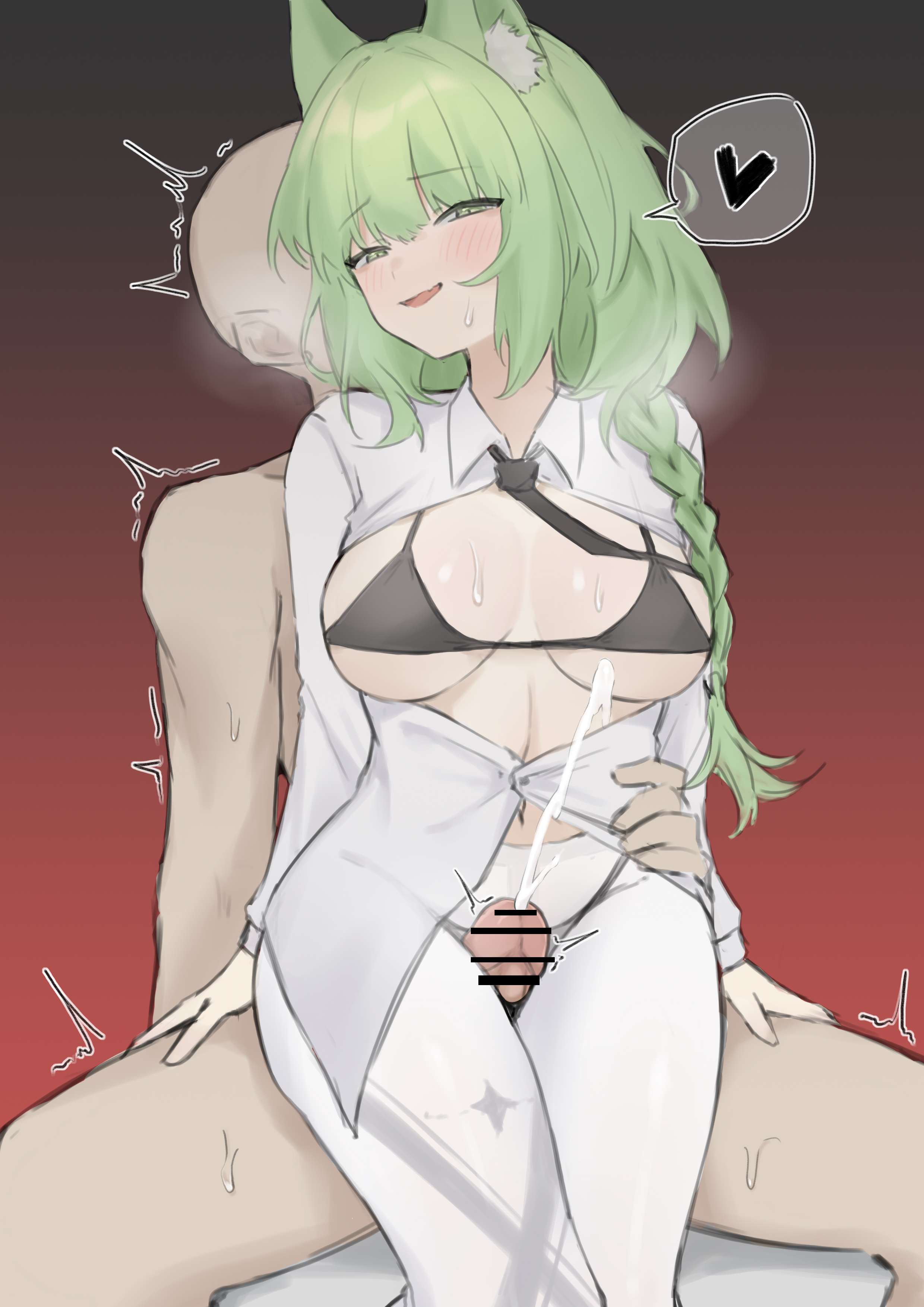 1boy, 1girls, 2023, animal ear fluff, animal ears, arknights, between thighs, blush, bra, breasts, cat ears, cat girl, cat tail, catgirl, censored, cum, cumshot, dxao, female, green eyes, green hair, half naked, harmonie (arknights), heart, heavy breathing, hi res, light skin, light-skinned female, light-skinned male, male, penis, penis between thighs, sitting, sitting on person, sweat, thigh sex, thighs, tie