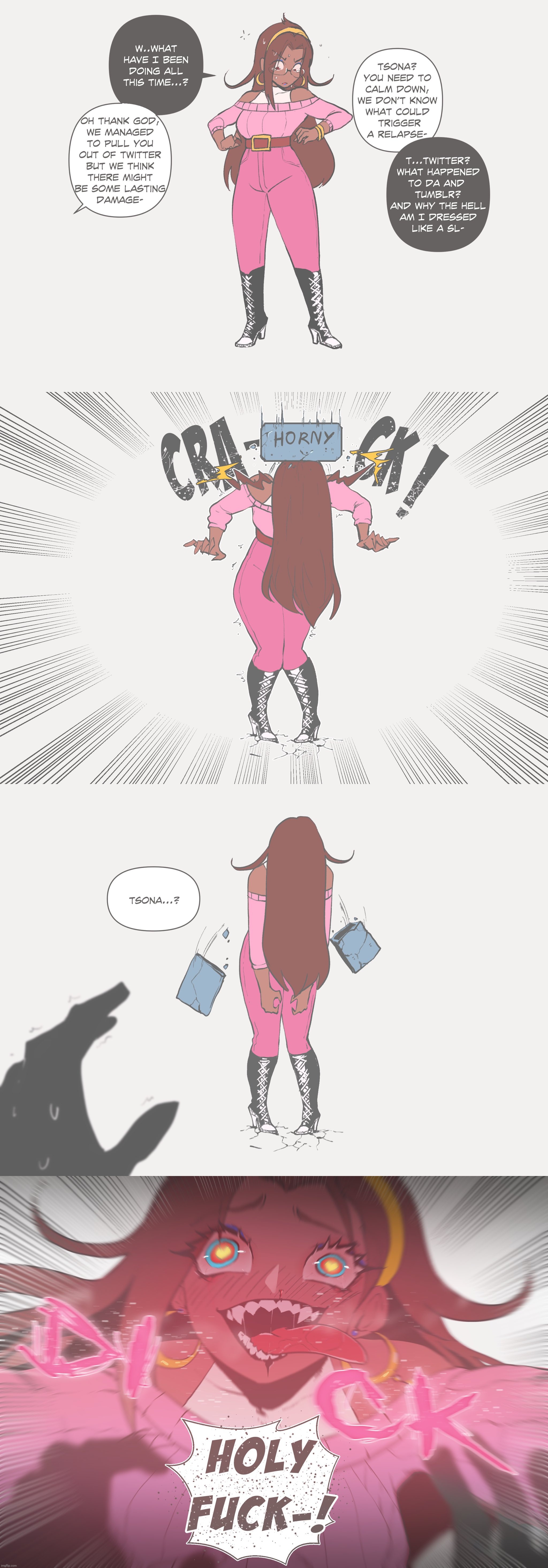 4 panel comic, brick, confusion, crazy smile, dark skin, dark-skinned female, female, heart-shaped pupils, original, personality change, sharp teeth, tagme, text, thiccwithaq, tongue, tongue out, tsona (nyantcha)