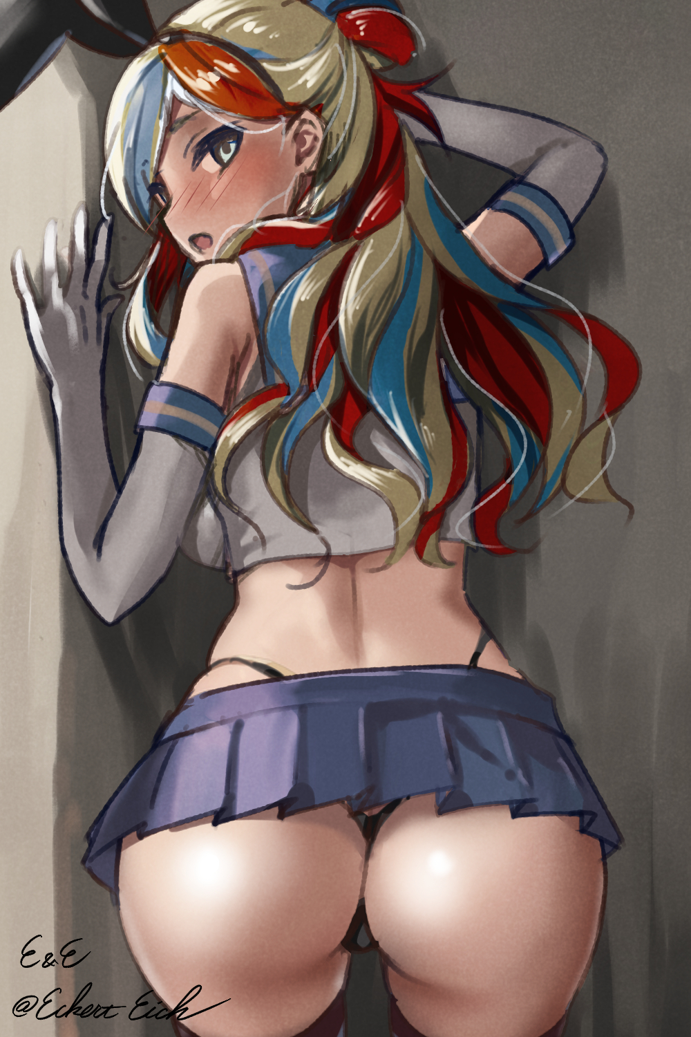 aqua_eyes ass black_panties blonde_hair blue_hair blue_skirt blush commandant_teste_(kantai_collection) cosplay eckert&eich elbow_gloves female from_behind gloves highleg highleg_panties highres kantai_collection long_hair looking_at_viewer looking_back microskirt miniskirt multicolored_hair one-hour_drawing_challenge open_mouth panties pleated_skirt red_hair school_uniform shimakaze_(kantai_collection) shimakaze_(kantai_collection)_(cosplay) skirt solo thong thong_above_skirt thong_straps twitter_username underwear white_gloves