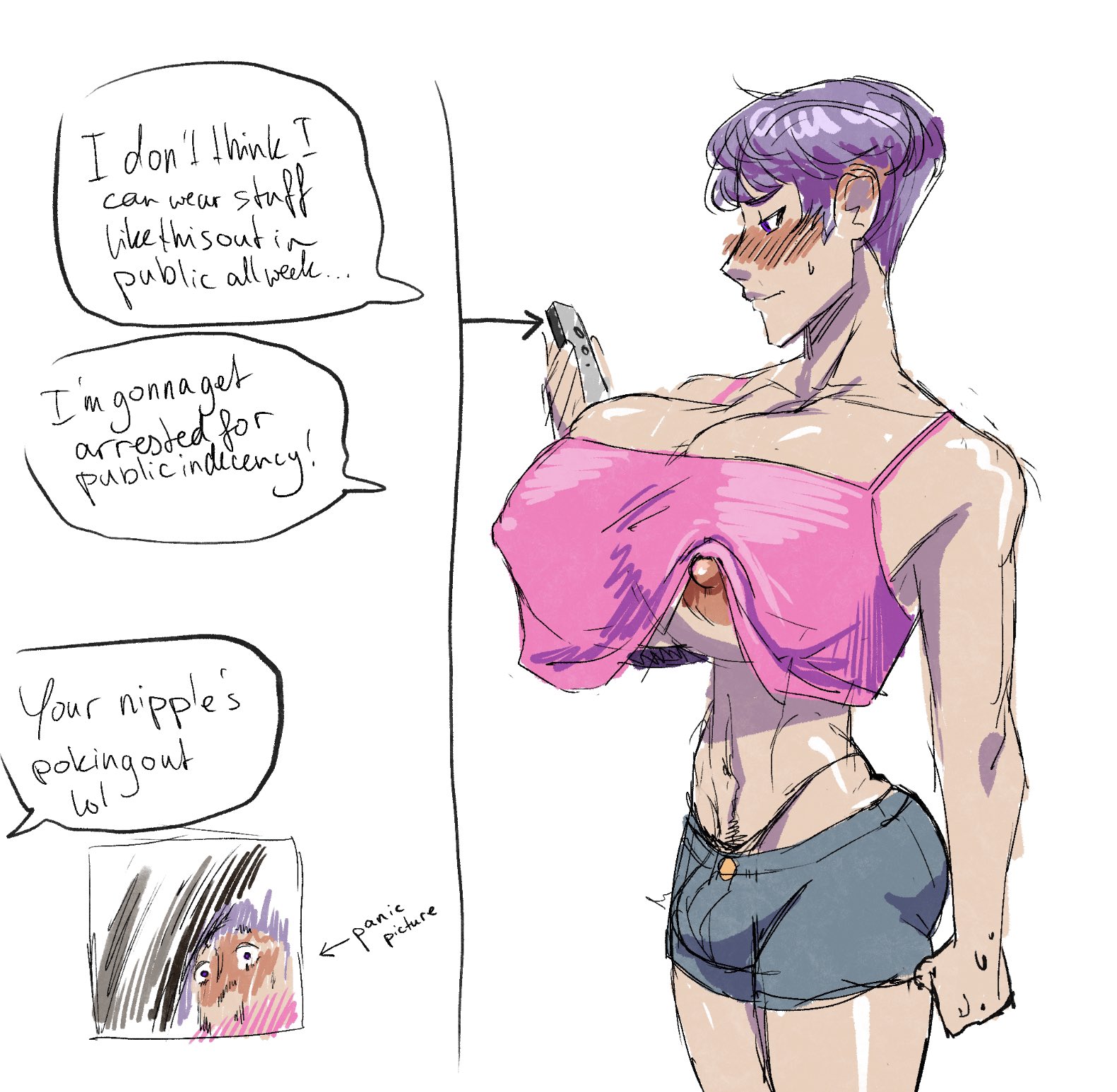 big nipples, breasts, breasts bigger than head, bulge, busty male, bustykaito, erect nipples, exhibitionism, feminization, huge breasts, hyper breasts, kaito (bustykaito), male, male only, male with breasts, nipple slip, nipples, purple hair, short hair, tank top, unaware, underboob, wardrobe malfunction