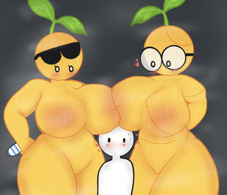 2d 2girls ambiguous_gender ara_ara big_breasts blush female female_only freckles freckles_on_breasts glasses_removed larger_female lemon mob_face multiple_girls simple_background unkown43 yellow_skin