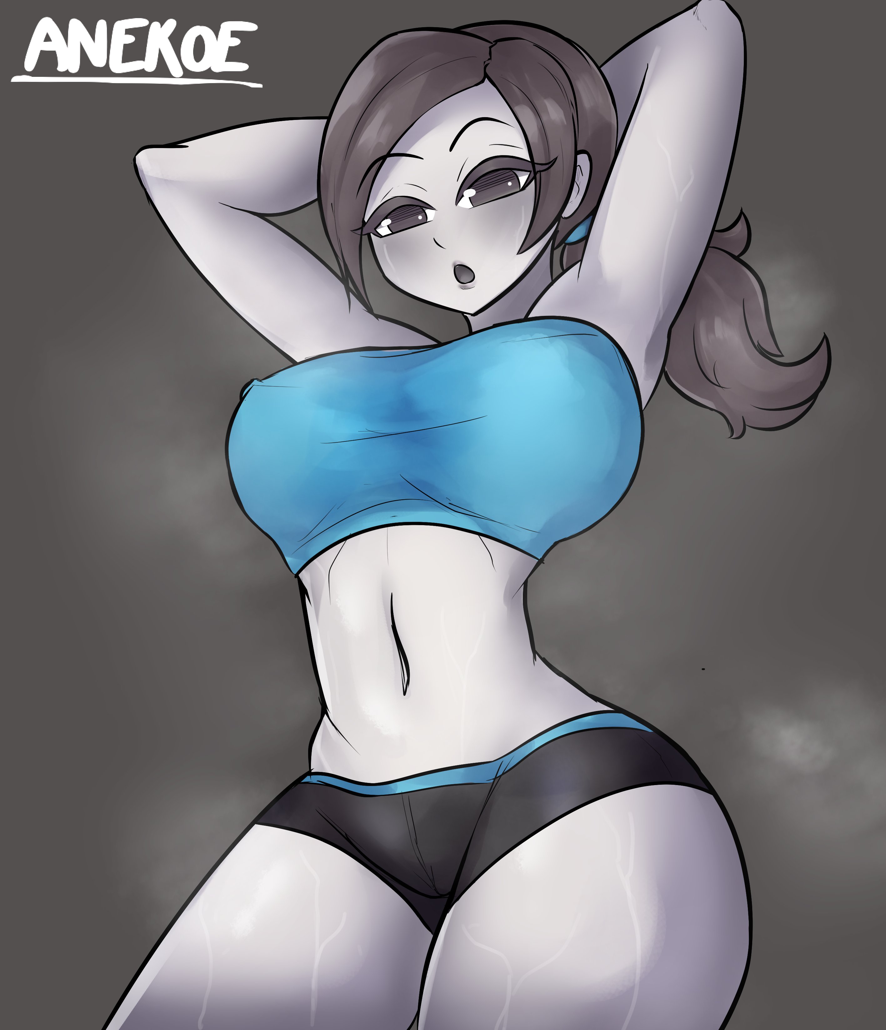 1girls, 2023, alternate version available, anekoe98, arms behind head, breasts, female, female only, grey background, grey body, grey hair, grey skin, nintendo, ponytail, short shorts, solo, sports bra, thick thighs, thighs, white body, white skin, wide hips, wii fit, wii fit trainer, wii fit trainer (female)