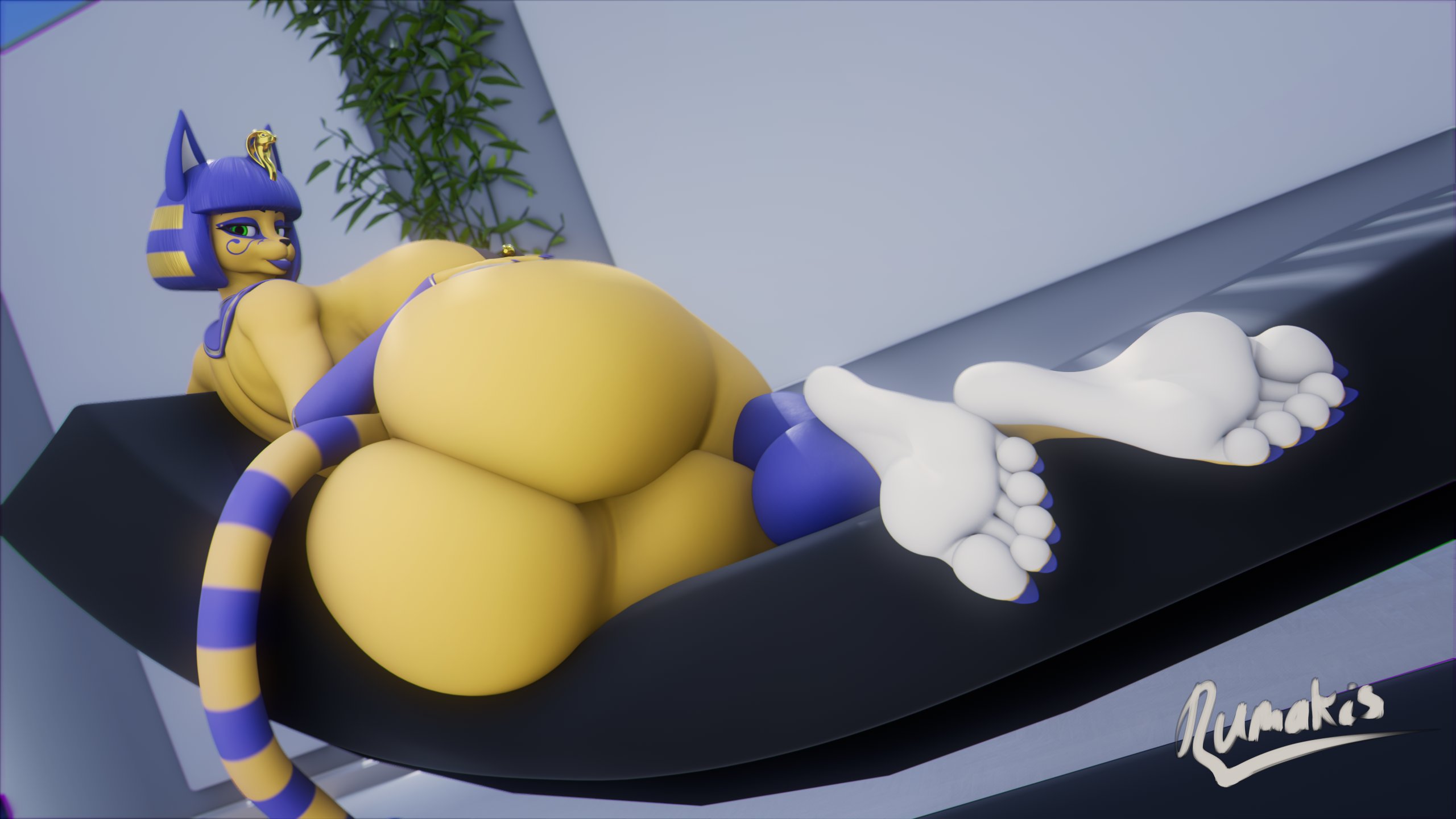 3d, 3d model, animal crossing, ankha, ankha (animal crossing), anthro, ass, barefoot, big ass, big breasts, big butt, big feet, blue hair, blue toenails, breasts, claws, domestic cat, doubutsu no mori, egyptian, feet, felid, feline, female, female only, foot fetish, furry, furry only, greek toe, hi res, looking back, lying, nairu (doubutsu no mori), nintendo, rumakis, sharp toenails, soles, solo, tail, toe claws, toenail polish, toes, yellow skin