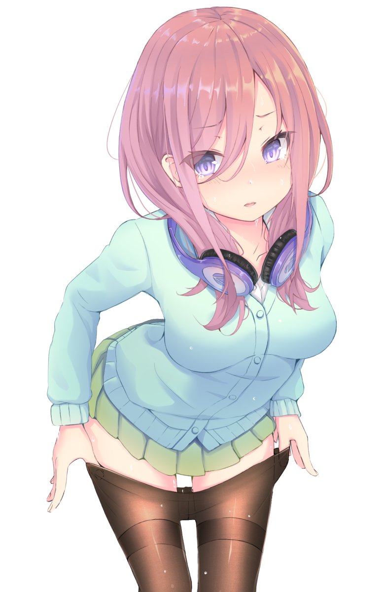 1girls, blush, breasts, cardigan, clothes pull, commentary, cowboy shot, female, go-toubun no hanayome, headphones, headphones around neck, highres, large breasts, leaning forward, long bangs, long hair, long sleeves, looking at viewer, mimike, miniskirt, nakano miku, pantyhose, pantyhose pull, parted lips, pink hair, pleated skirt, purple eyes, simple background, skirt, solo, sweat, thighband pantyhose, white background