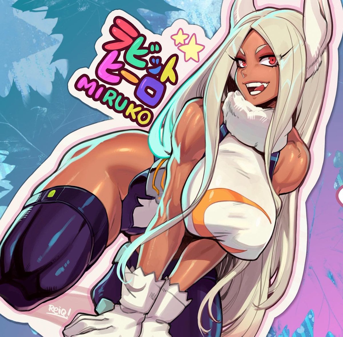 1girls ara_ara artist_signature ass bent_over bunny_ears bunny_girl dark-skinned_female dark_skin dominant_female female_only huge_breasts japanese_text kneeling lagomorph large_ass large_breasts long_hair looking_at_viewer miruko muscular muscular_female my_hero_academia pinup red_eyes reiq rumi_usagiyama seductive_look seductive_smile solo tagme thick_ass thick_thighs thighhighs white_hair wide_hips