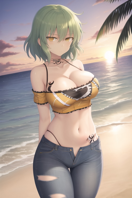 1girls ai_generated beach emotionless female female_only green_hair ocean palm_tree short_hair solo sunset torned_clothes yellow_eyes