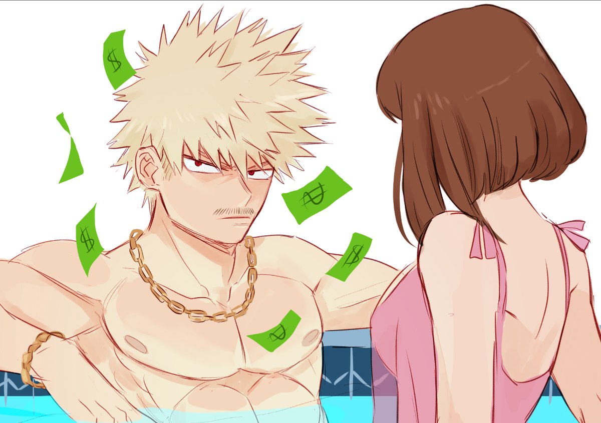 1boy 1boy1girl 1girls abs aged_up blonde_hair blue_water bob_cut chains dollar_bills female hot_tub in_water jewelry katsuki_bakugou male male/female money moustache muscles muscular muscular_male my_hero_academia nude ochako_uraraka pecs pectorals pink_clothing pool red_eyes see-through see-through_clothing see_through_clothing shirtless spiky_hair straight superevey water