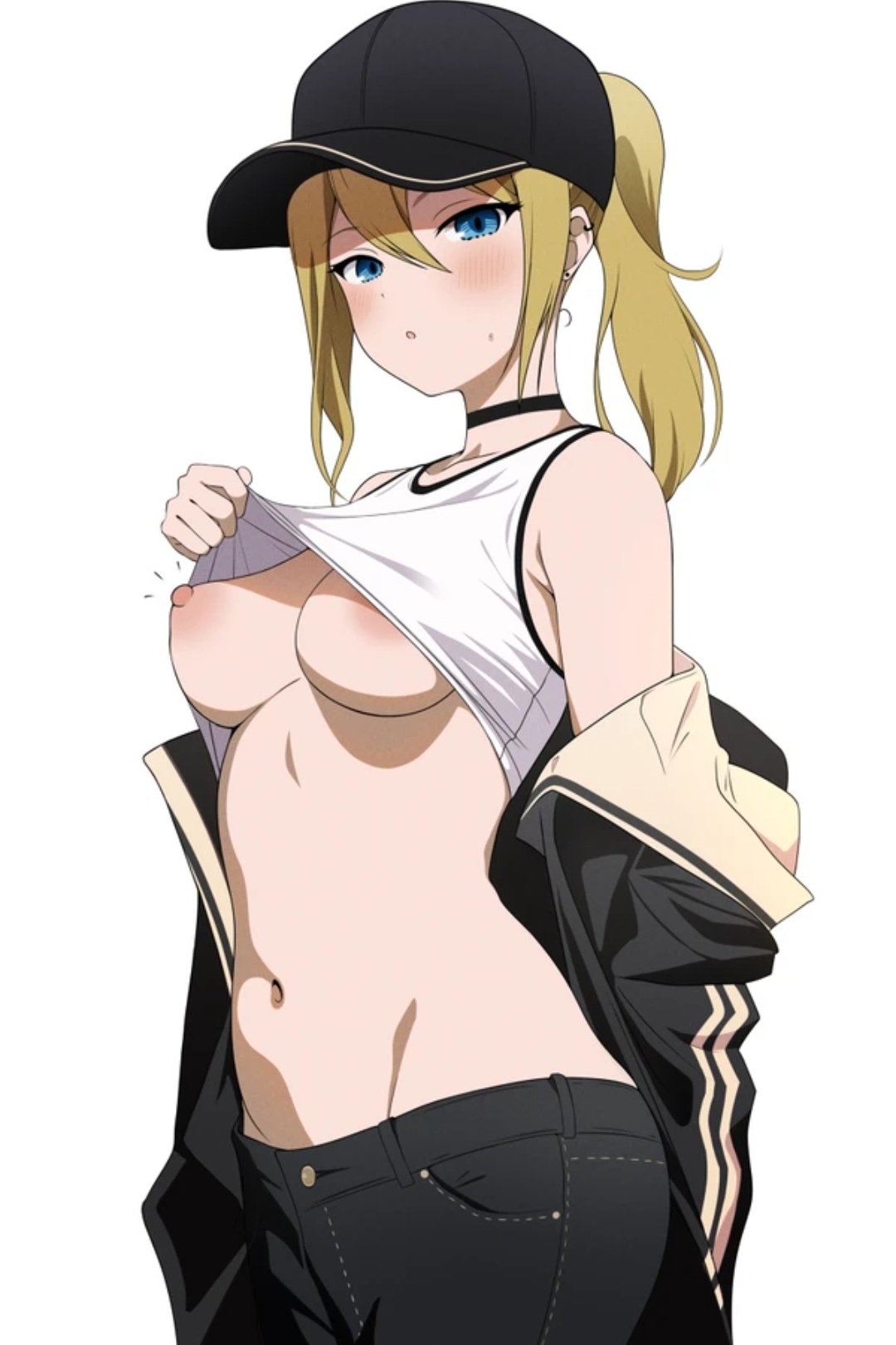 1girls, accurate art style, blonde hair, breasts, coro fae, female, hat, hayasaka ai, jeans, kaguya-sama wa kokurasetai ~tensai-tachi no renai zunousen~, nipples, official style, one breast out, ponytail, shirt lift, solo
