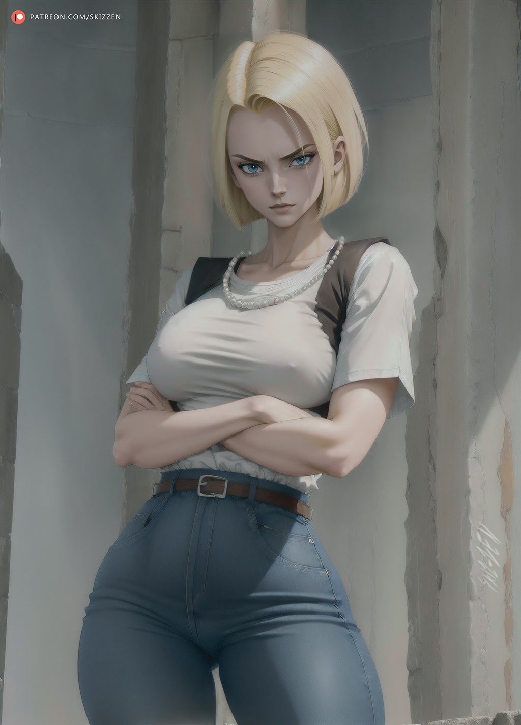 1girls ai_generated android_18 arms_crossed black_vest blonde_hair bob_cut breasts defiant denim_jeans dragon_ball dragon_ball_z jeans nipple_bulge skizzen solo_female stable_diffusion thigh_gap white_shirt wide_hips