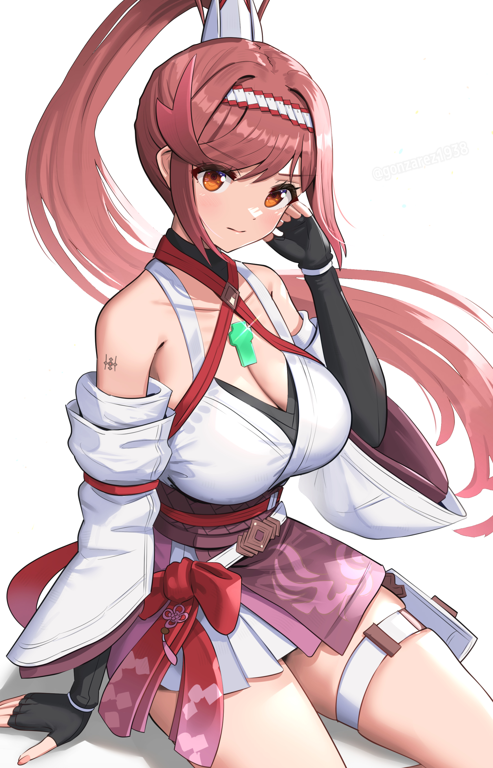 1girls, absurdres, bare shoulders, black gloves, breasts, cleavage, collarbone, detached sleeves, elbow gloves, female, fingerless gloves, glimmer (xenoblade), gloves, gonzarez, hairband, highres, huge breasts, light skin, light-skinned female, long hair, looking at viewer, orange eyes, ponytail, red hair, simple background, solo, thighs, white background, white hairband, white sleeves, xenoblade (series), xenoblade chronicles 3, xenoblade chronicles 3: future redeemed