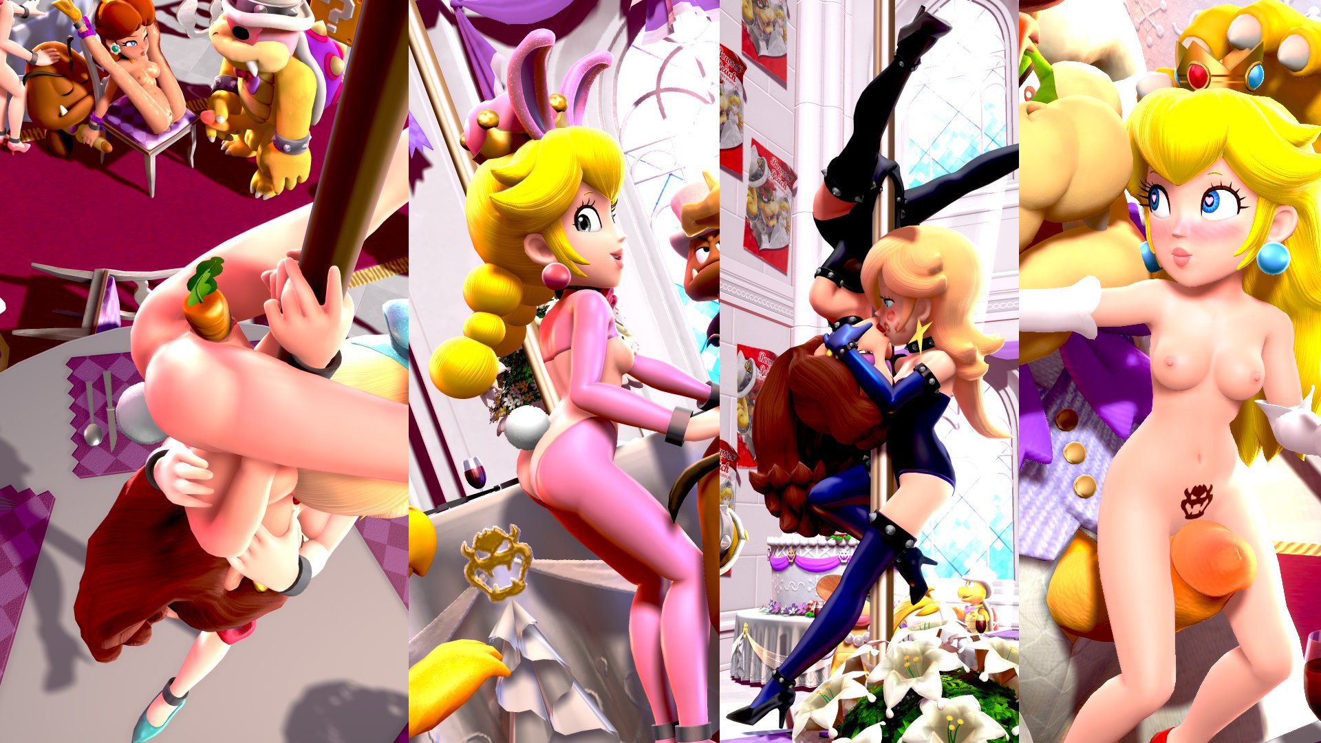 accurate art style, bowser, female, female focus, heart pupils, indoors, male, mario (series), multiple females, multiple girls, navel, nintendo, nipples, onmodel3d, pauline, penis, princess daisy, princess peach, princess rosalina, pubic tattoo, super mario bros., super mario odyssey, wedding