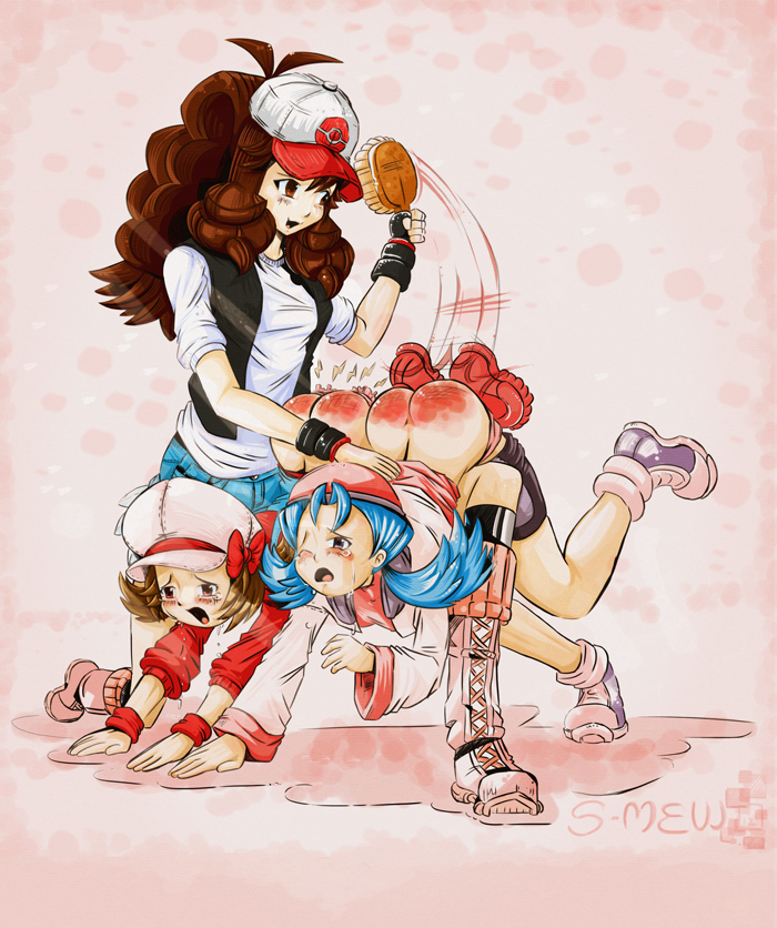 3girls ass blue_eyes blush brown_hair crying_with_eyes_open female female_only hat hilda_(pokemon) kris_(pokemon) legs long_hair lyra_(pokemon) multiple_females open_mouth over_the_knee over_the_knee_spanking pink_background pokemon shoes smallmew spanked spanking tearing_up